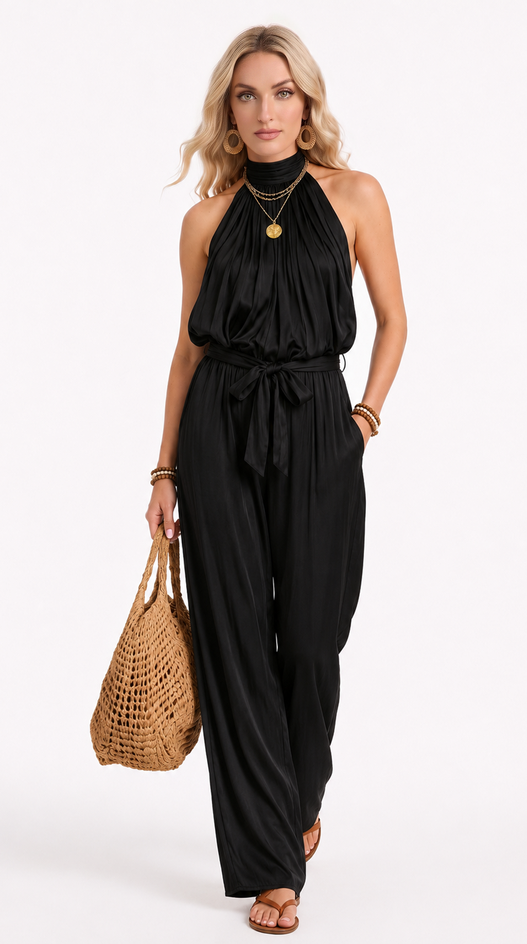 Woman wearing a black jumpsuit holding a woven bag on a white background, from Meleche Fashion USA or Meléche (short as (Mé))