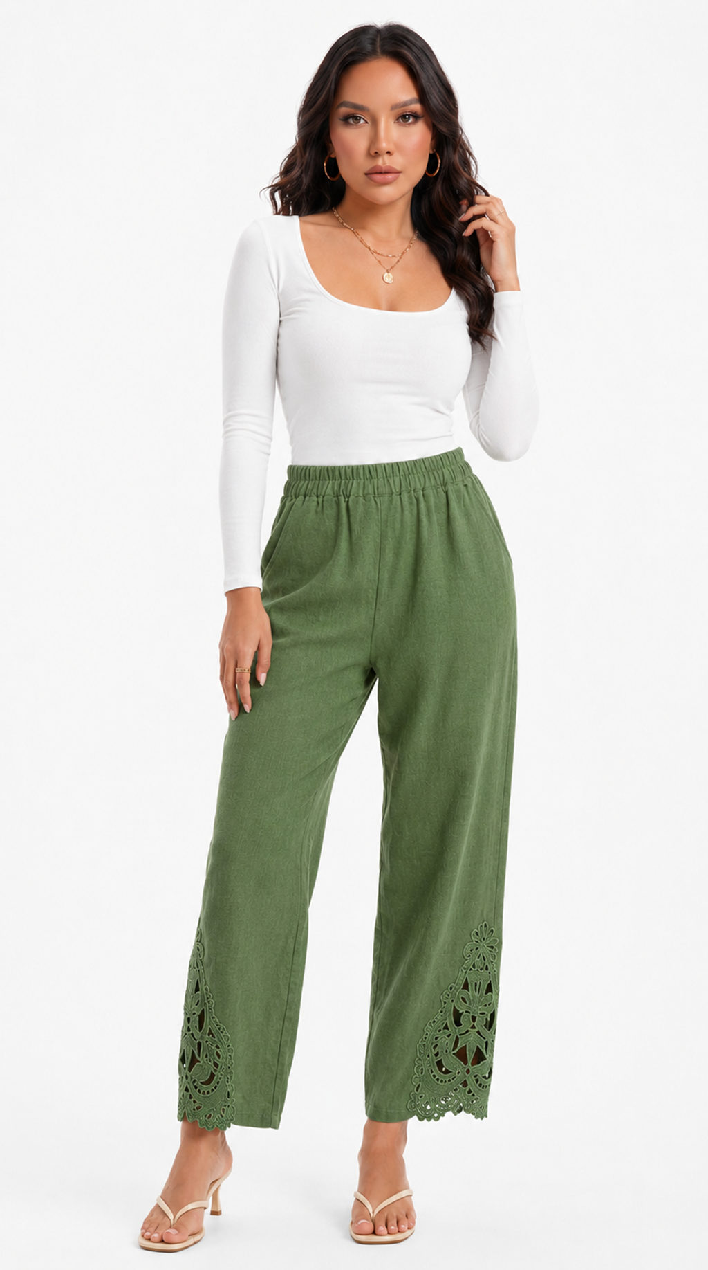 Woman wearing green pants with lace details on a white background, from Meleche Fashion USA or Meléche (short as (Mé))