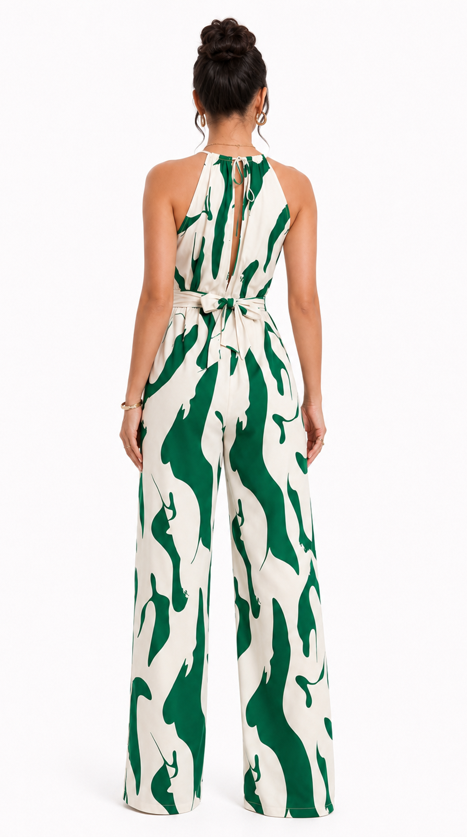Green and white patterned jumpsuit on a model against a white background, from Meleche Fashion USA or Meléche (short as (Mé))