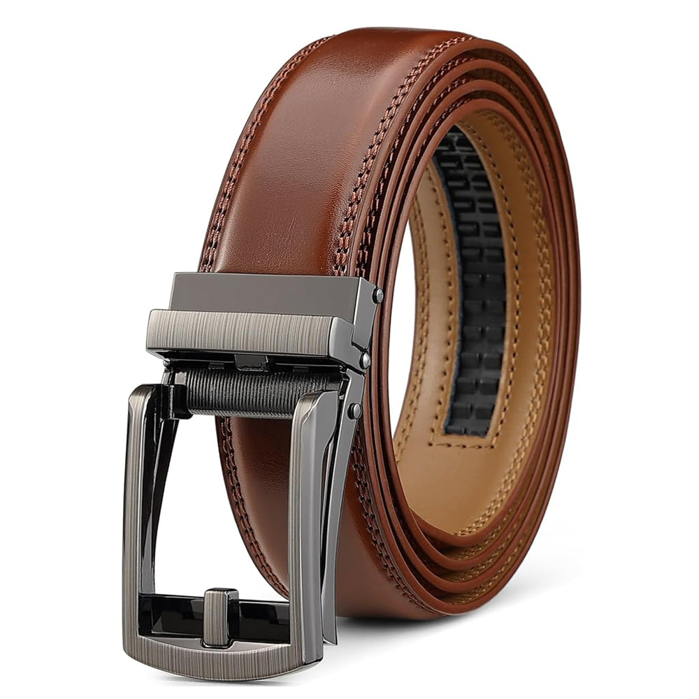 Brown leather belt with silver buckle from Meleche or Meléche (short as (Mé))