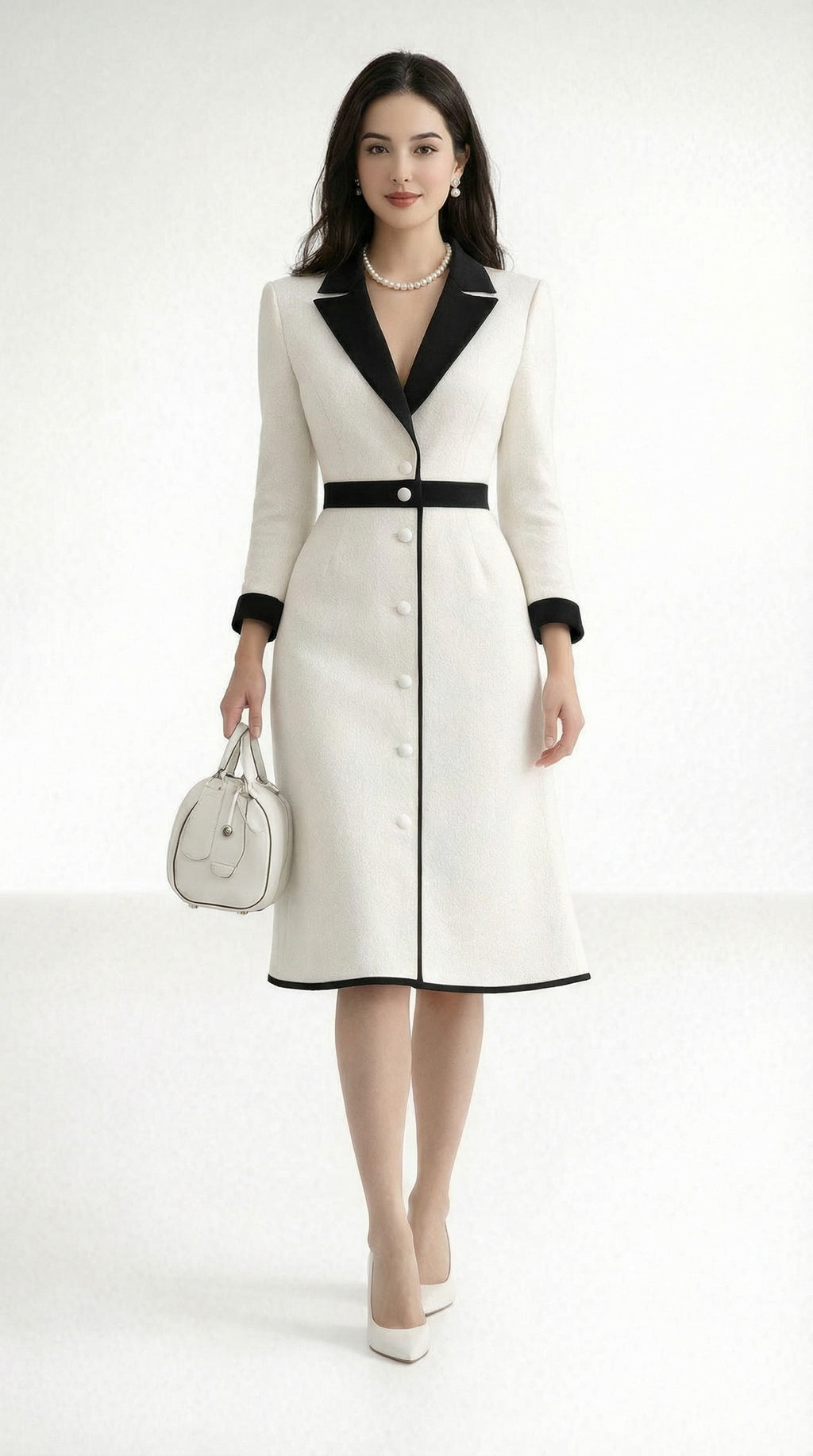 Mari wearing a white dress with black accents from Meleche or Meléche (short as (Mé)) on a white background in ME Studio