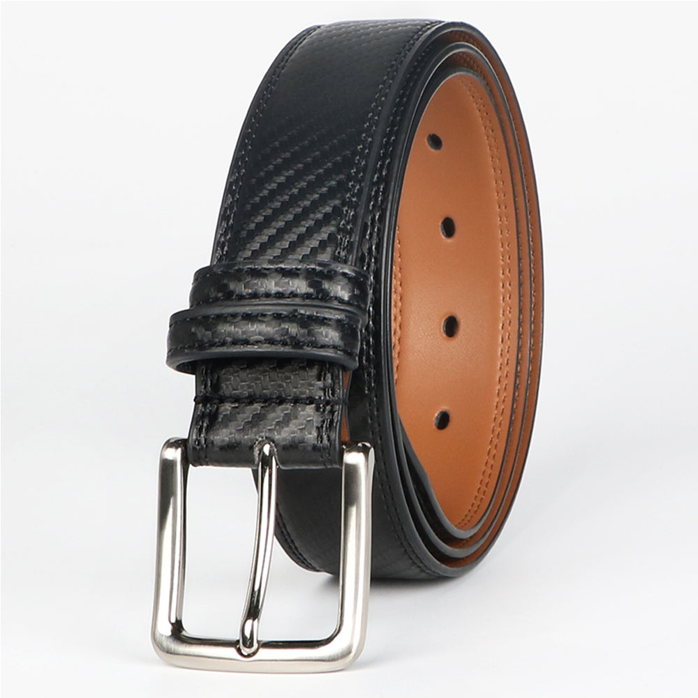 Black carbon fiber belt with a silver buckle from Meleche or Meléche (short as (Mé))