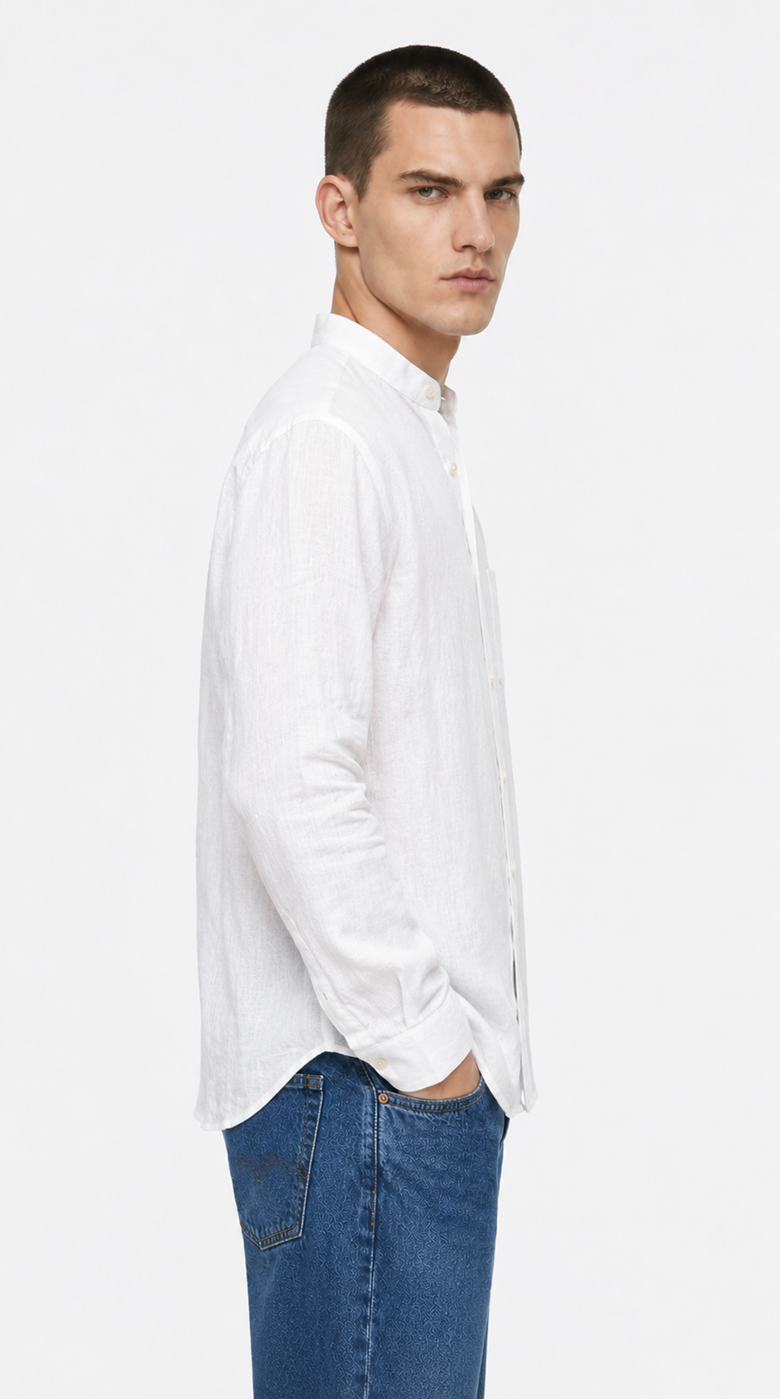 Man wearing a white shirt and blue jeans on a white background, from Meleche Fashion USA or Meléche (short as (Mé))