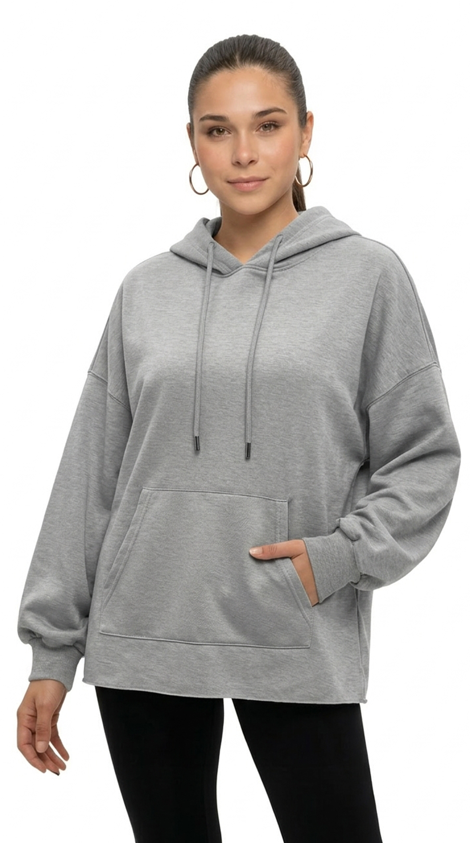 Woman wearing a gray hoodie from Meleche or Meléche (short as (Mé))