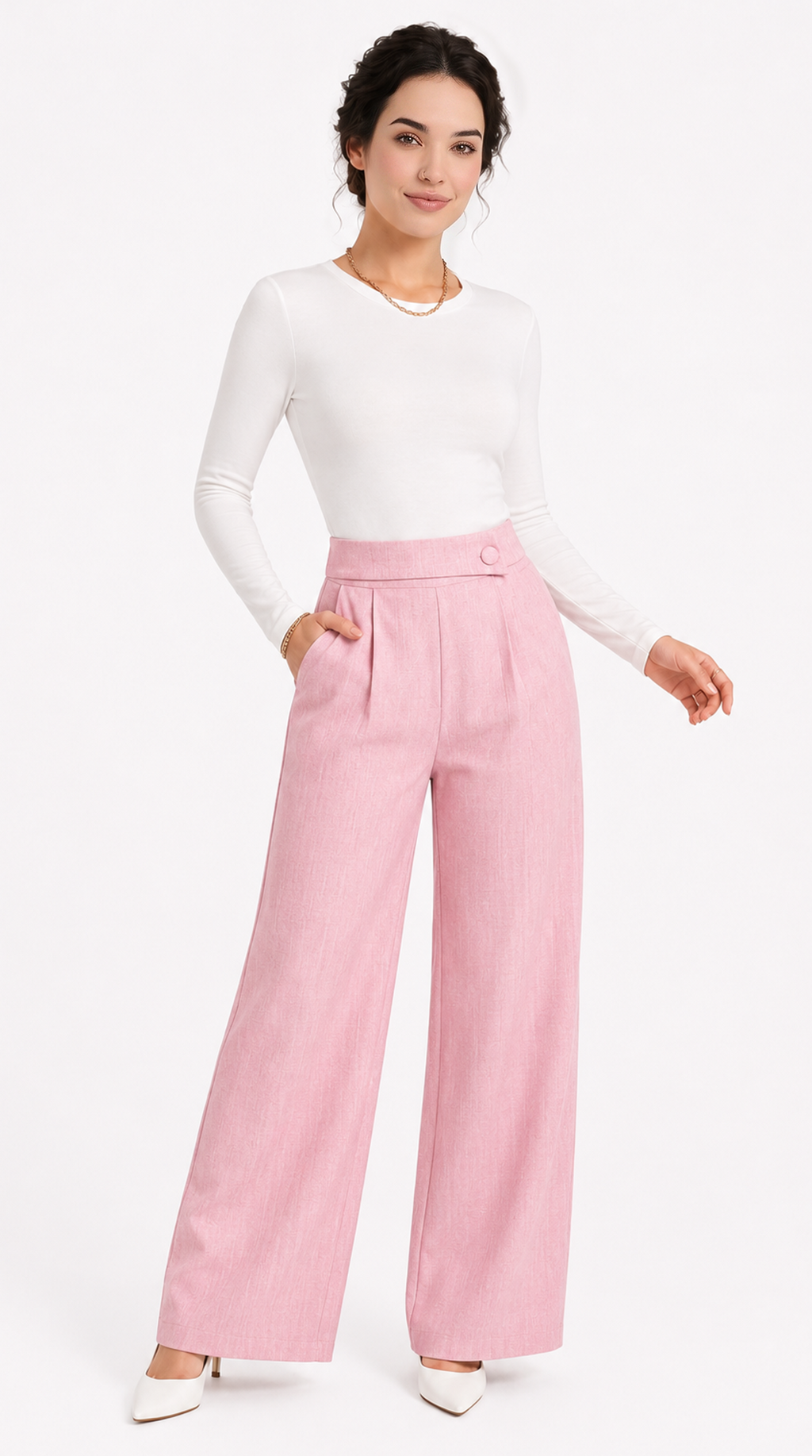 Woman wearing a white top and pink pants on a white background, from Meleche Fashion USA or Meléche (short as (Mé))