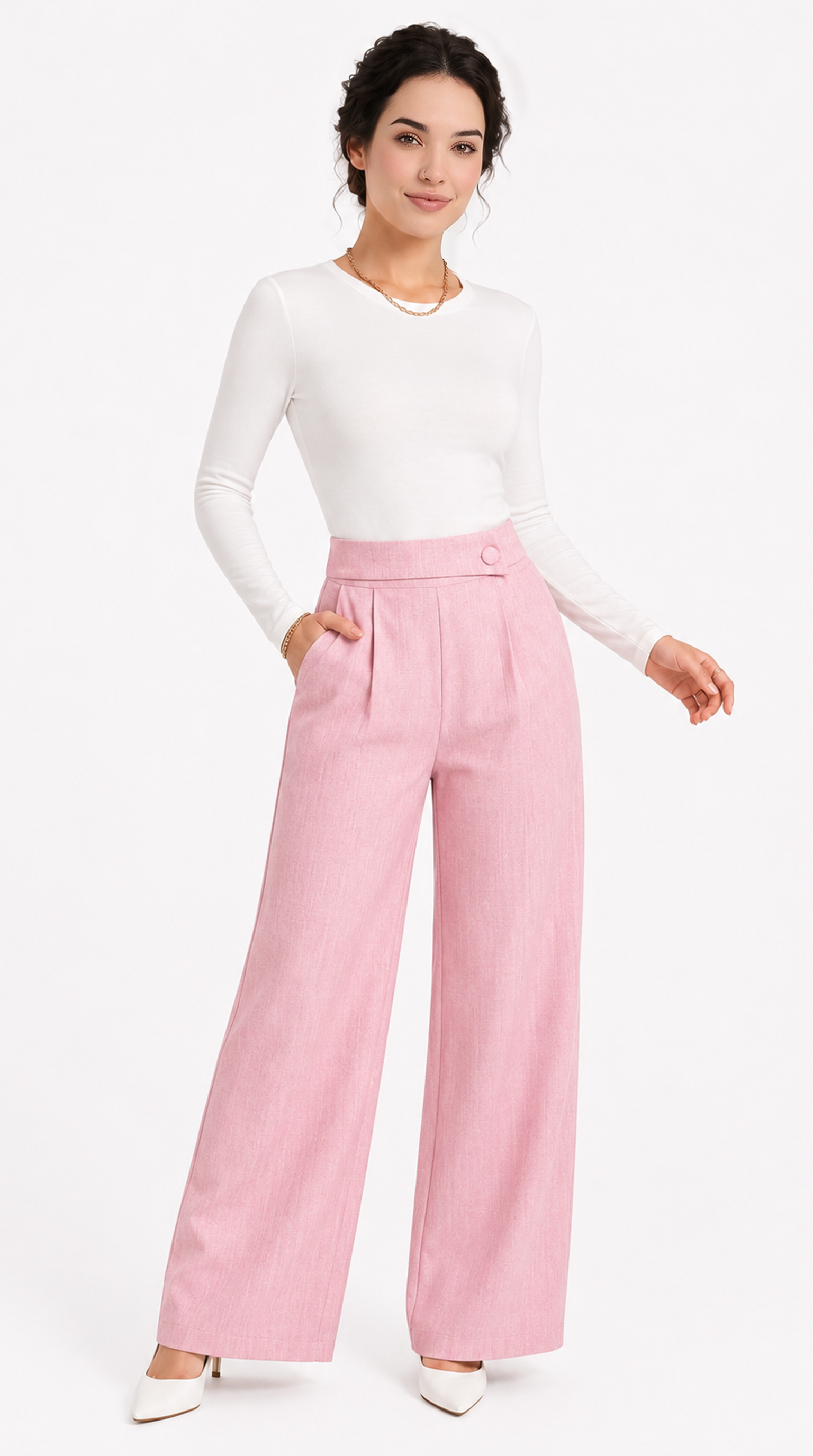 Woman wearing a white top and pink pants on a white background, from Meleche Fashion USA or Meléche (short as (Mé))