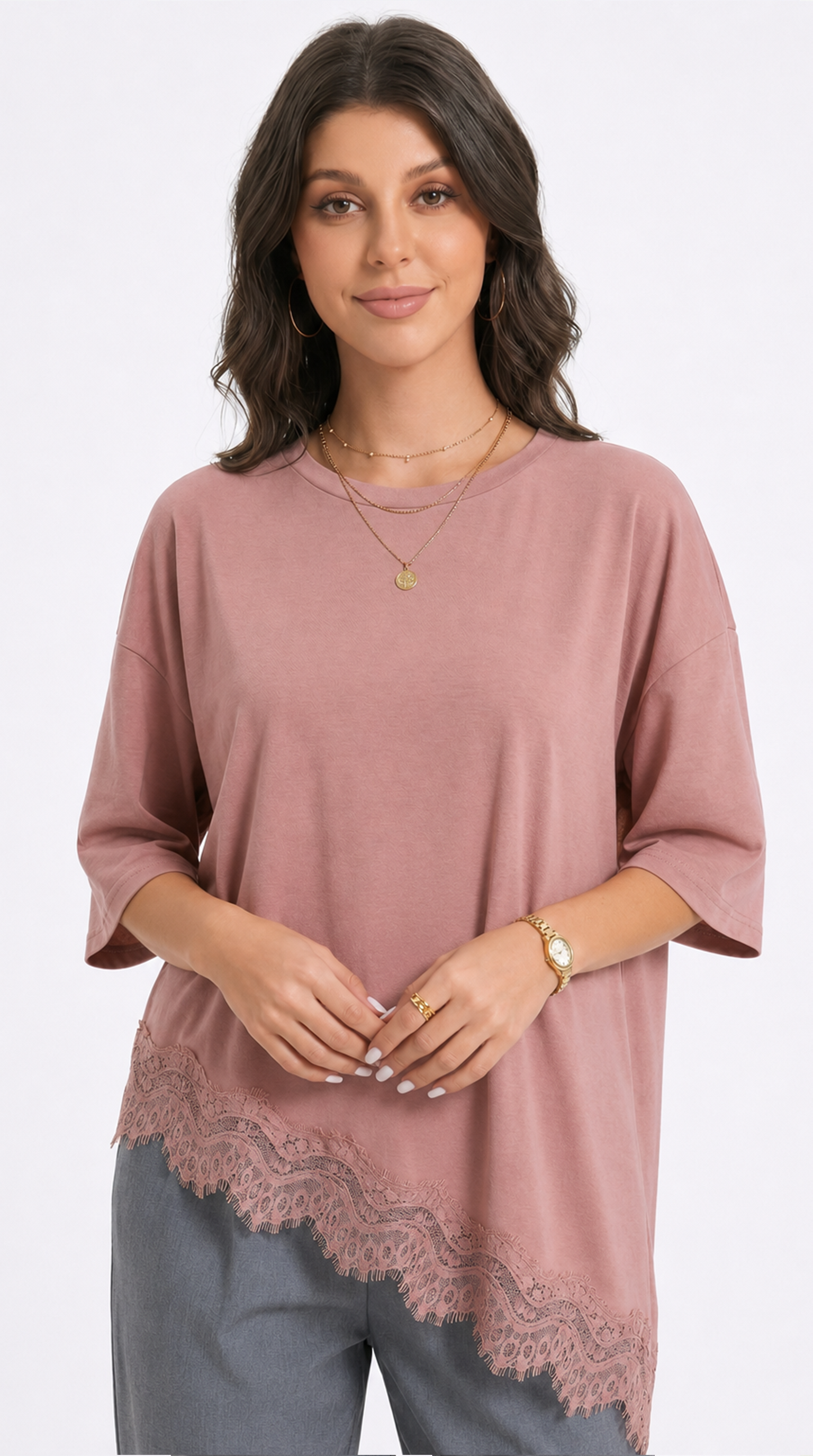 Woman wearing a pink blouse with lace trim on a white background, from Meleche Fashion USA or Meléche (short as (Mé))