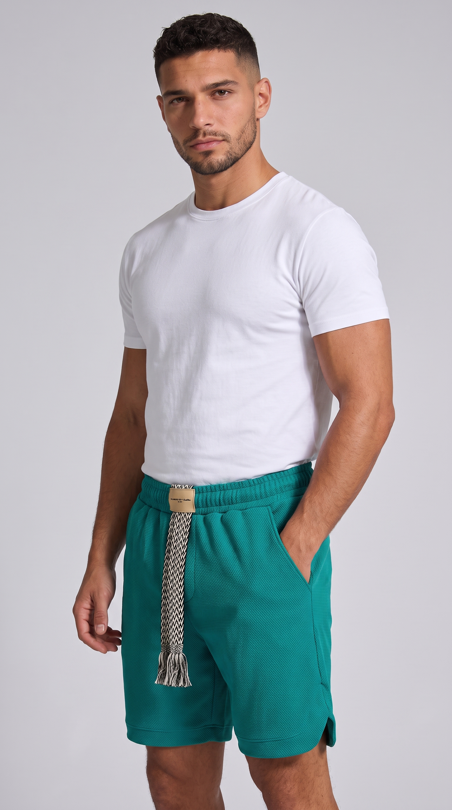 A man wearing a white crew-neck t-shirt and teal green drawstring shorts, standing against a light gray studio background, from Meleche Fashion USA or Meléche (short as (Mé))