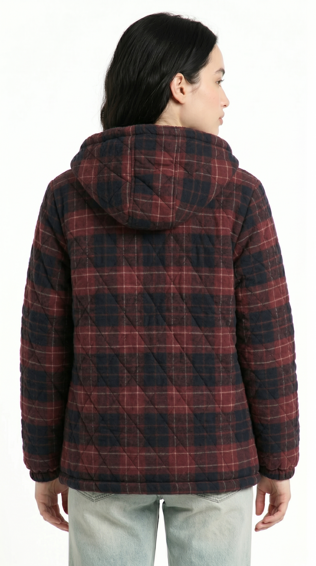 Person wearing a red and black plaid jacket on a white background from Meleche or Meléche USA (short as (Mé))