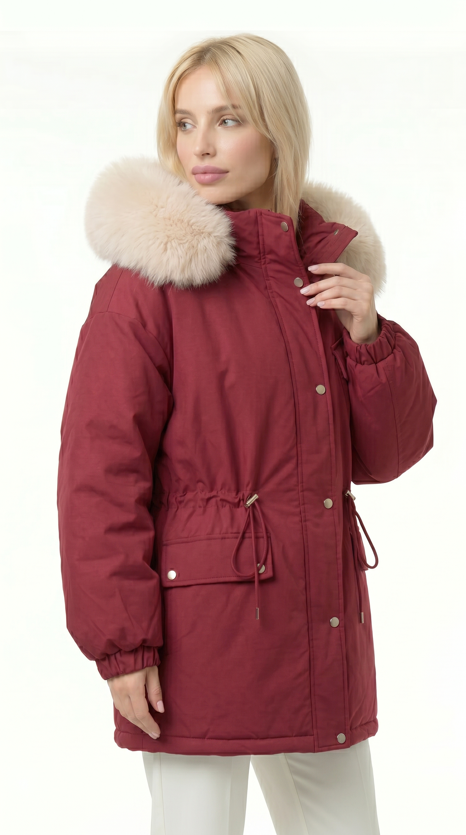 Woman wearing a red parka with fur hood on a white background from Meleche USA or Meléche (short as (Mé))