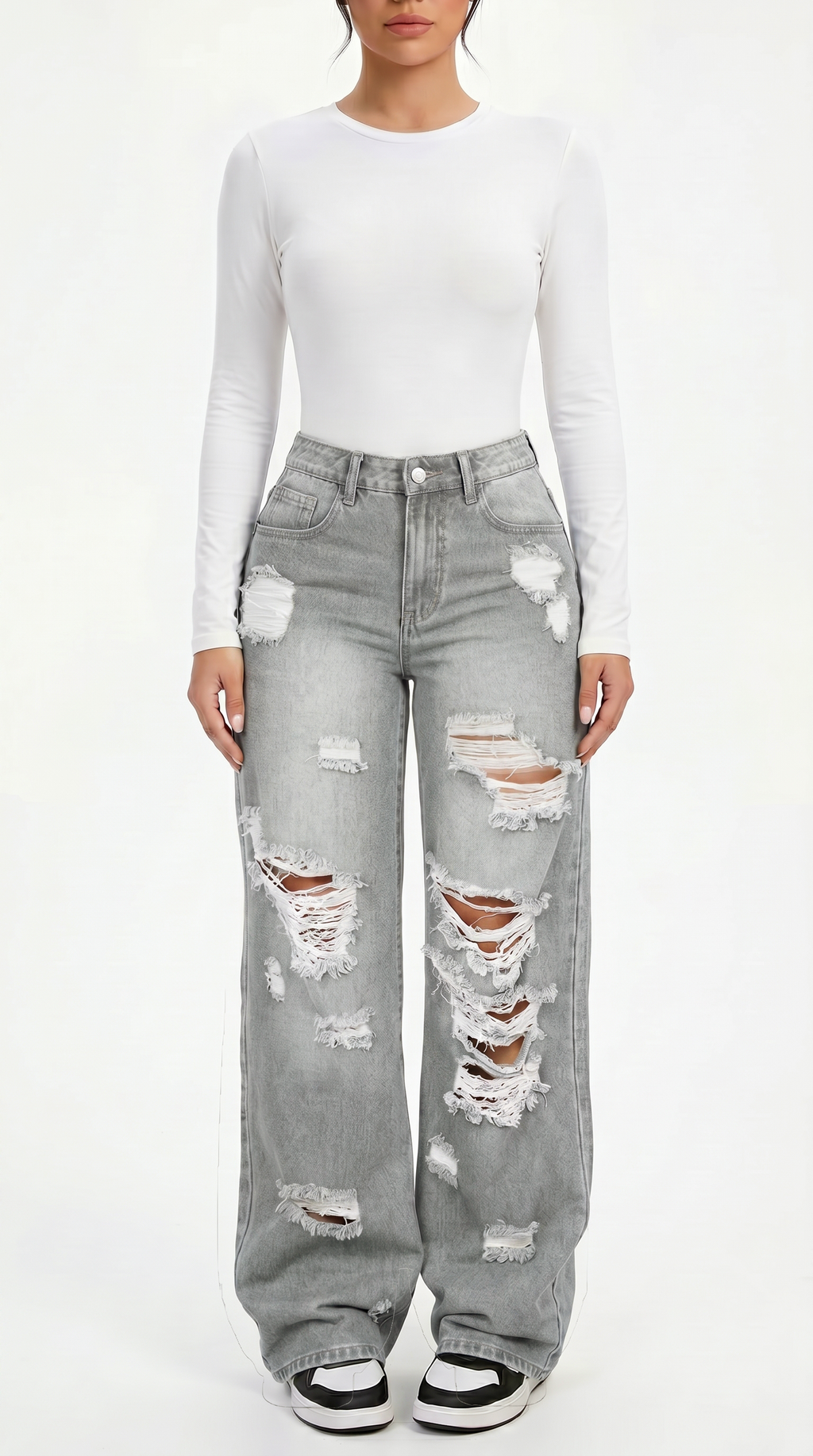 Person wearing a white long-sleeve top and gray distressed jeans on a white background, Wide-leg jeans from Meleche Fashion USA or Meléche (short as (Mé))