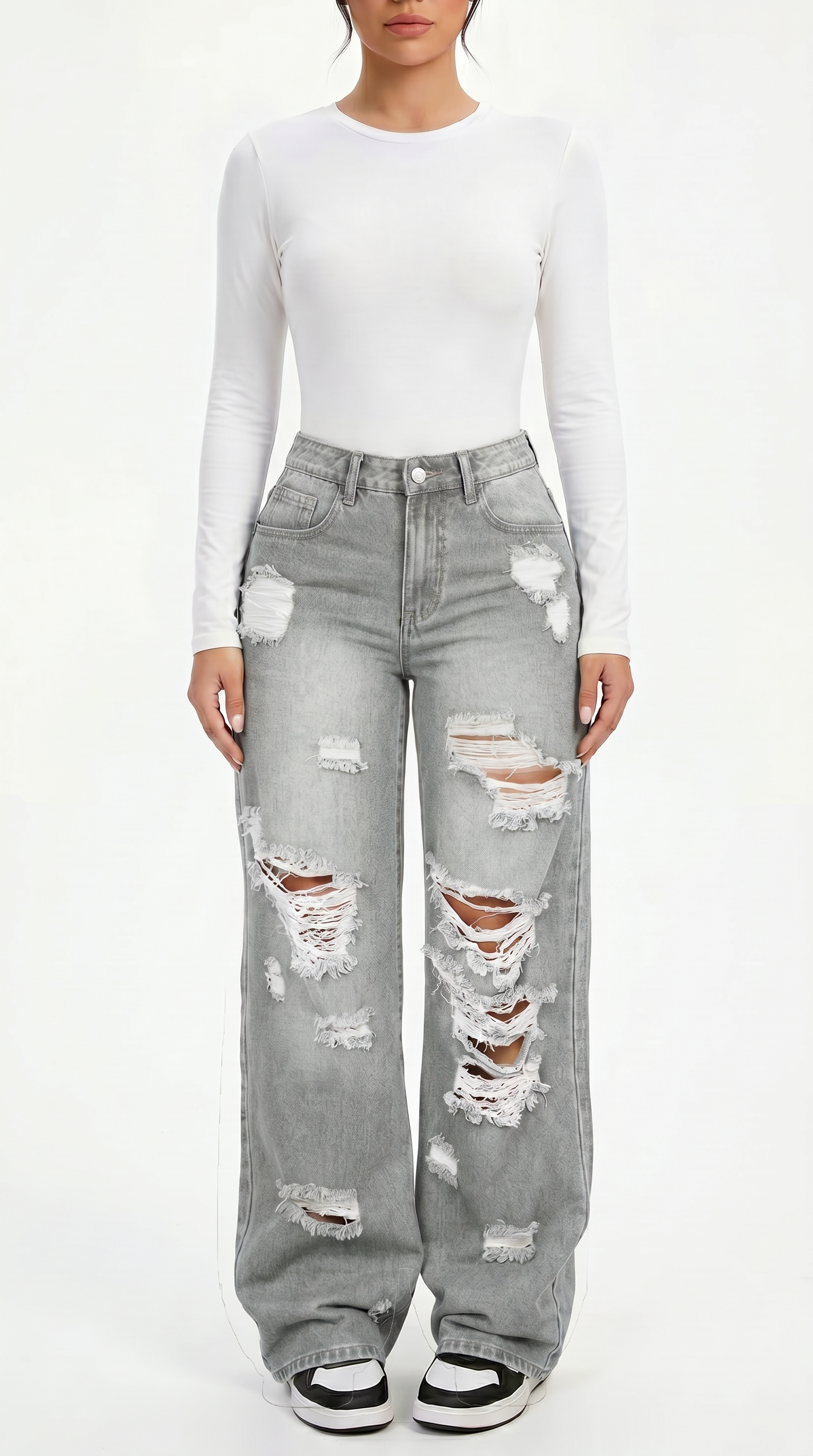 Person wearing a white long-sleeve top and gray distressed jeans on a white background, Wide-leg jeans from Meleche Fashion USA or Meléche (short as (Mé))