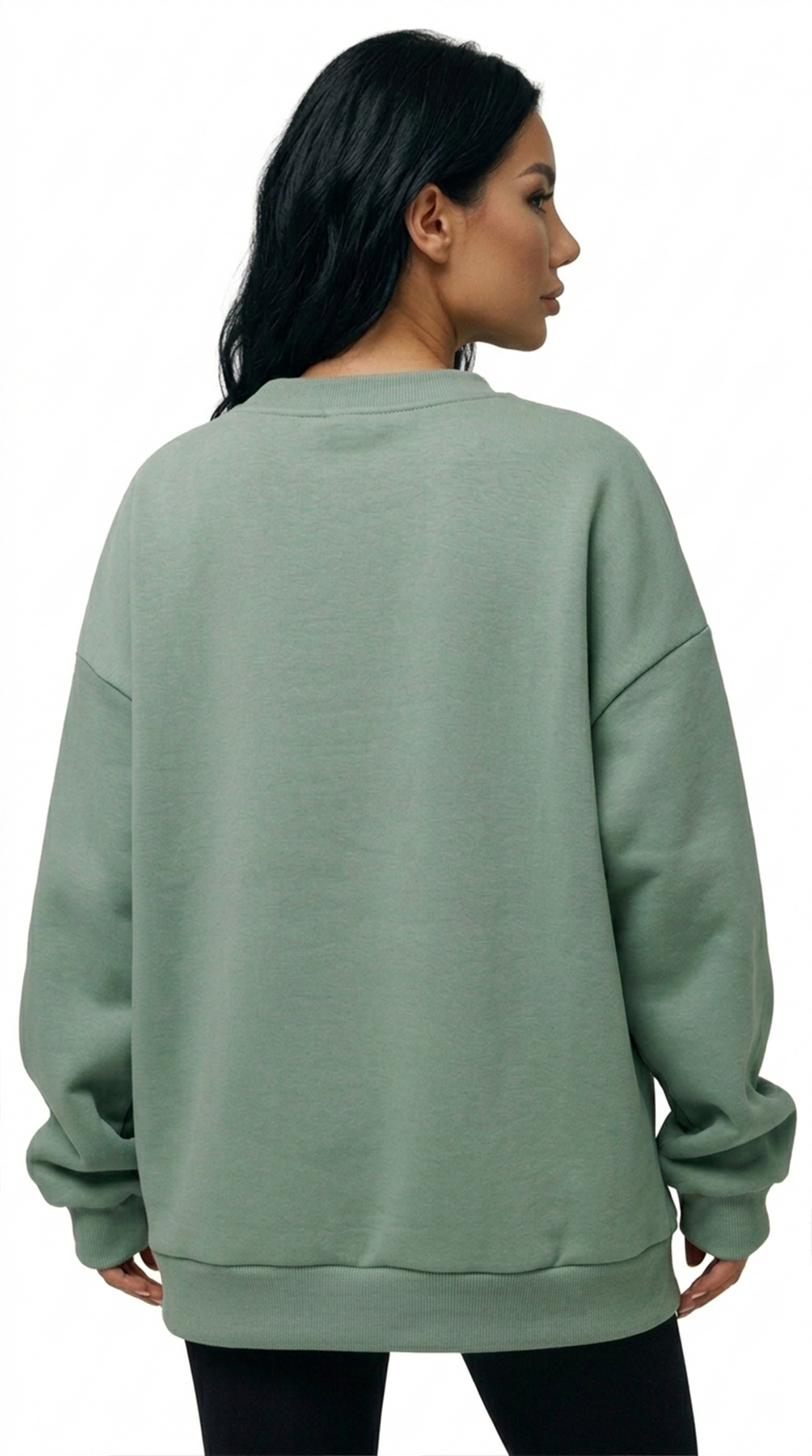 Person wearing a green sweatshirt on a white background from Meleche Fashion USA or Meléche (short as (Mé))