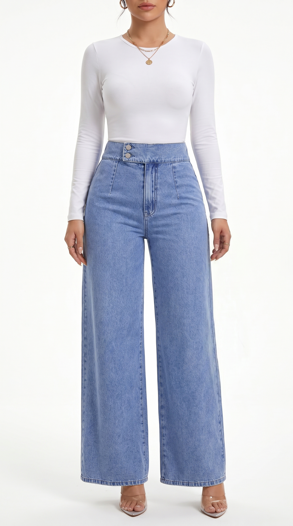 Woman wearing a white long-sleeve top and blue high-waisted jeans on a white background, Straight Leg jeans from Meleche Fashion USA or Meléche (short as (Mé))