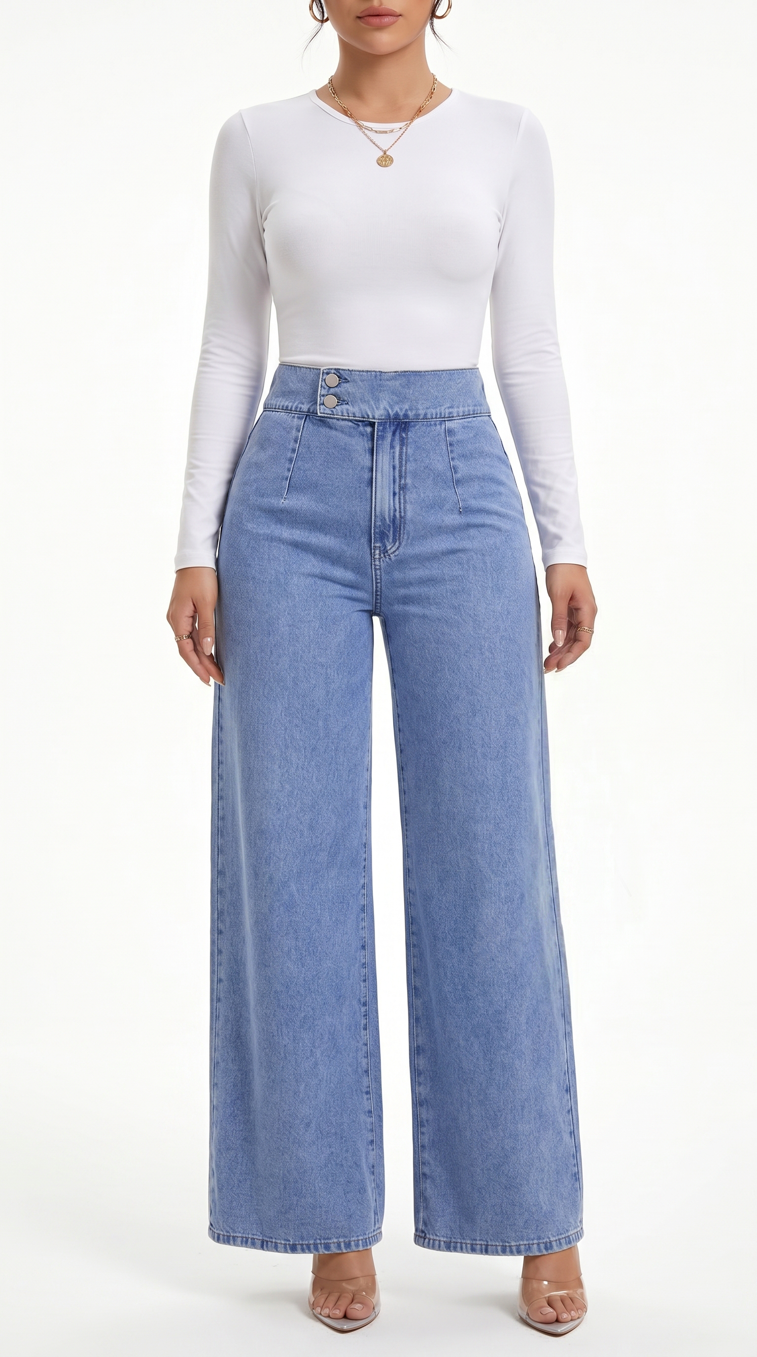 Woman wearing a white long-sleeve top and blue high-waisted jeans on a white background, Straight Leg jeans from Meleche Fashion USA or Meléche (short as (Mé))