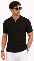 A man wearing a black short-sleeve polo shirt with a subtle vertical ribbed texture, paired with white pants and black sunglasses, against a plain white background, from Meleche Fashion USA or Meléche (short as (Mé))