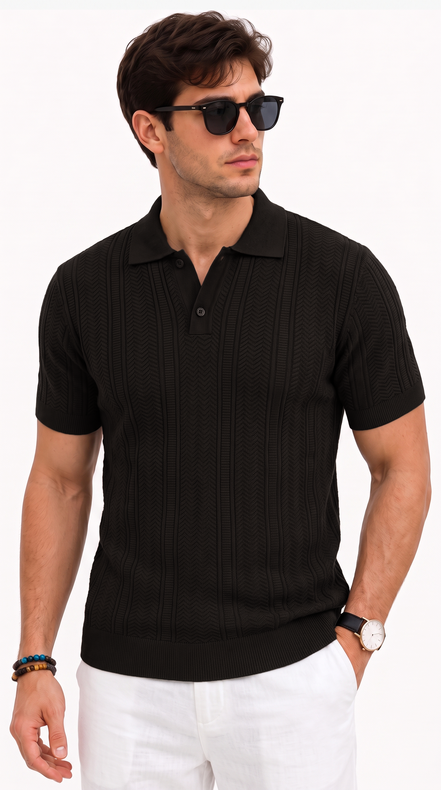 A man wearing a black short-sleeve polo shirt with a subtle vertical ribbed texture, paired with white pants and black sunglasses, against a plain white background, from Meleche Fashion USA or Meléche (short as (Mé))