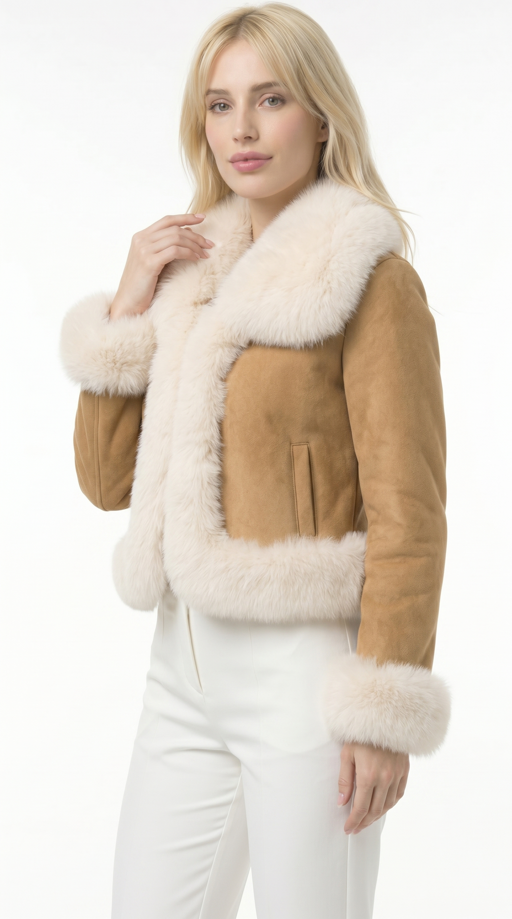 Woman wearing a tan shearling jacket with white fur trim on a white background from Meleche or Meléche USA (short as (Mé))