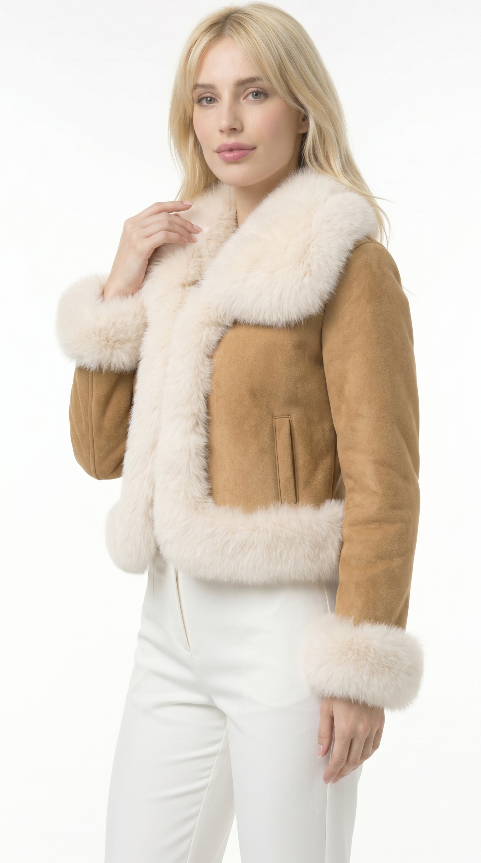 Woman wearing a tan shearling jacket with white fur trim on a white background from Meleche or Meléche USA (short as (Mé))