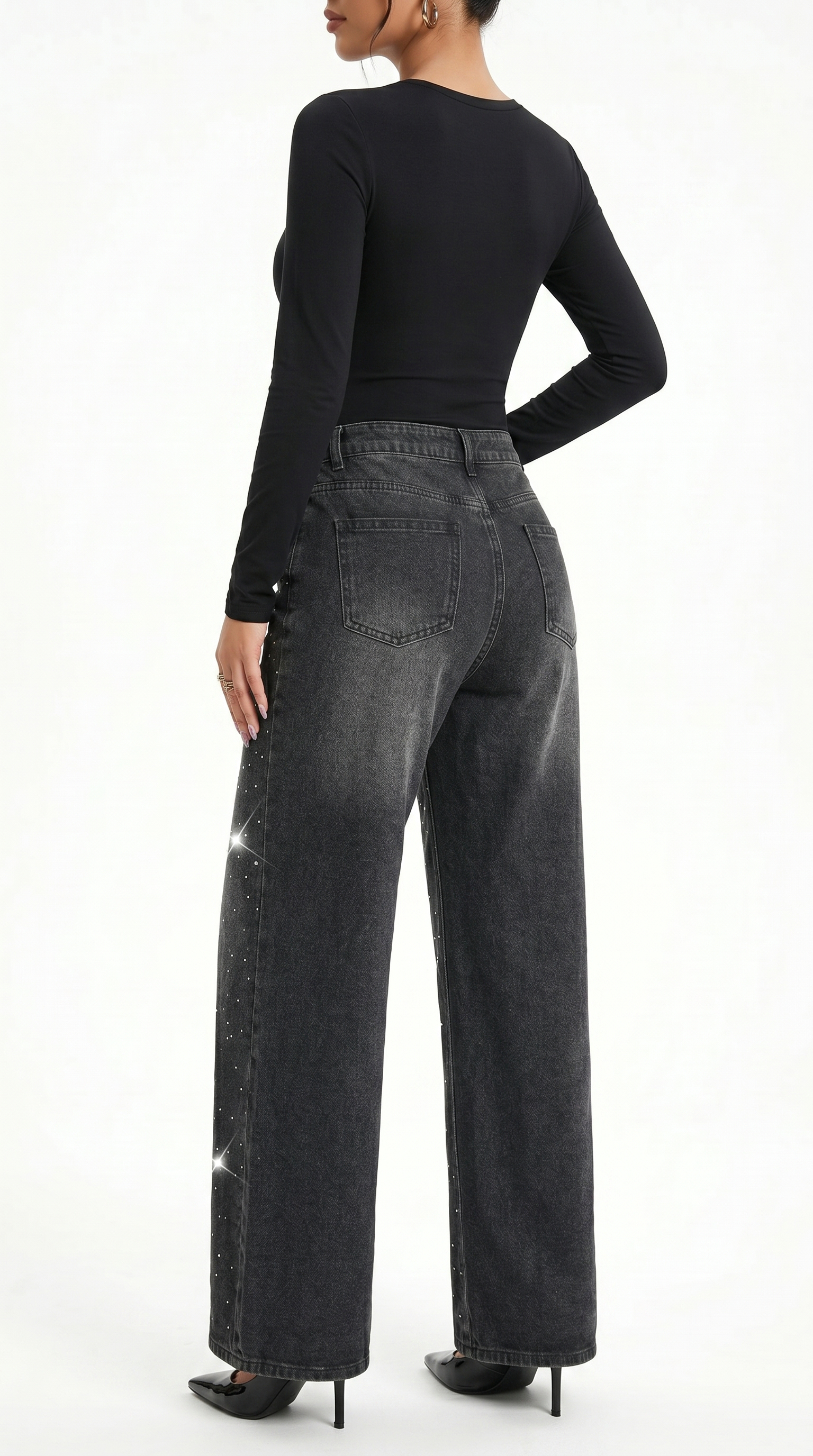 Person wearing black long-sleeve top and wide-leg jeans on a white background, Wide-leg jeans from Meleche Fashion USA or Meléche (short as (Mé))