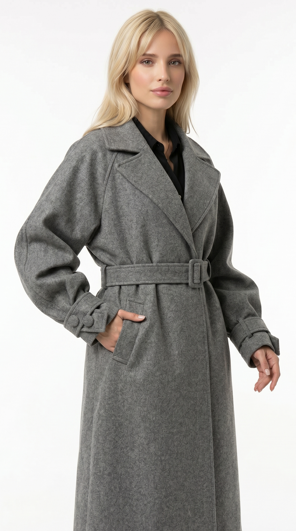 Woman wearing a gray coat on a white background from Meleche USA or Meléche (short as (Mé))