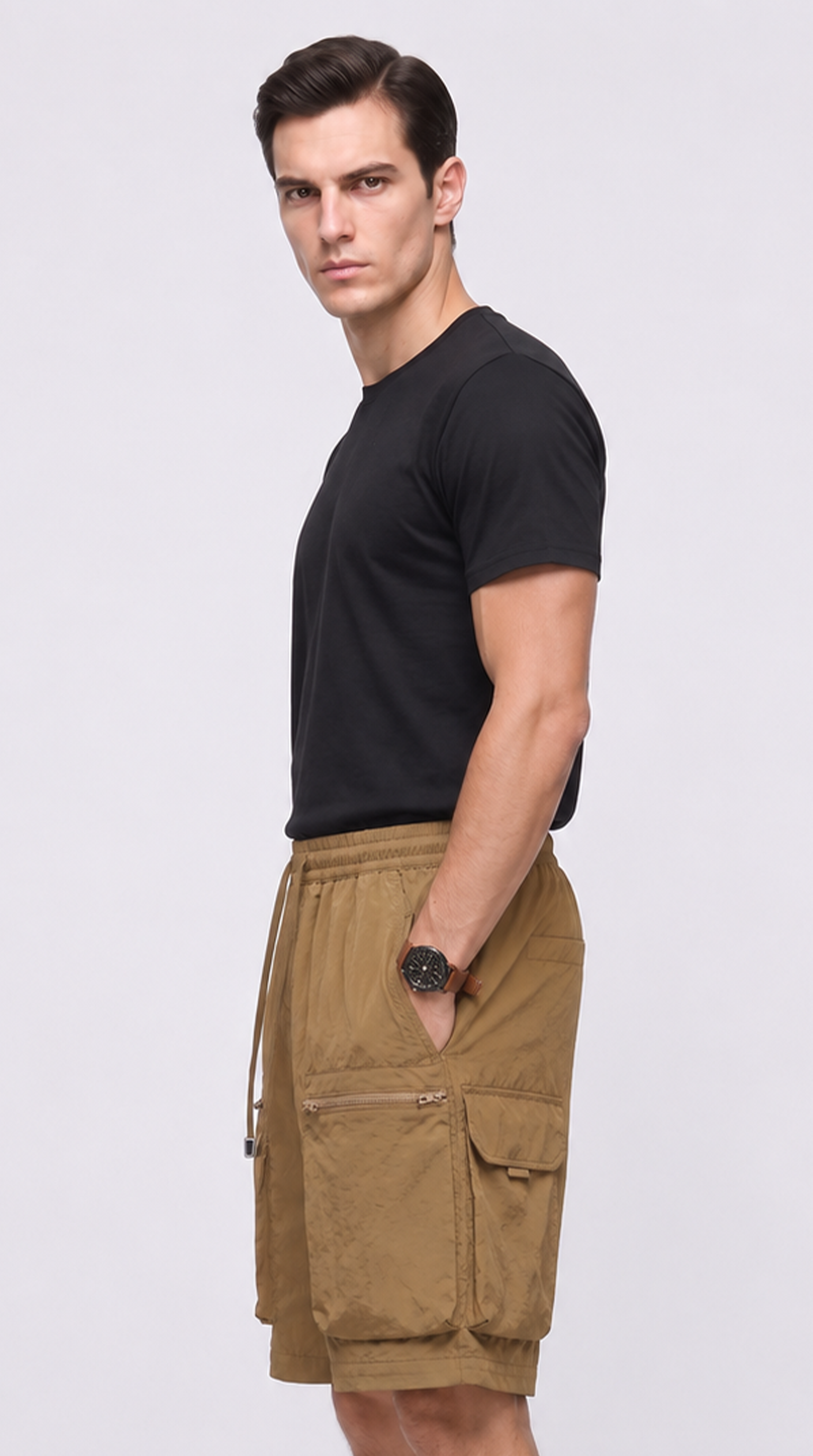 A man wearing a black short-sleeve crewneck t-shirt and tan cargo shorts, standing in profile against a light gray studio background, from Meleche Fashion USA or Meléche (short as (Mé))