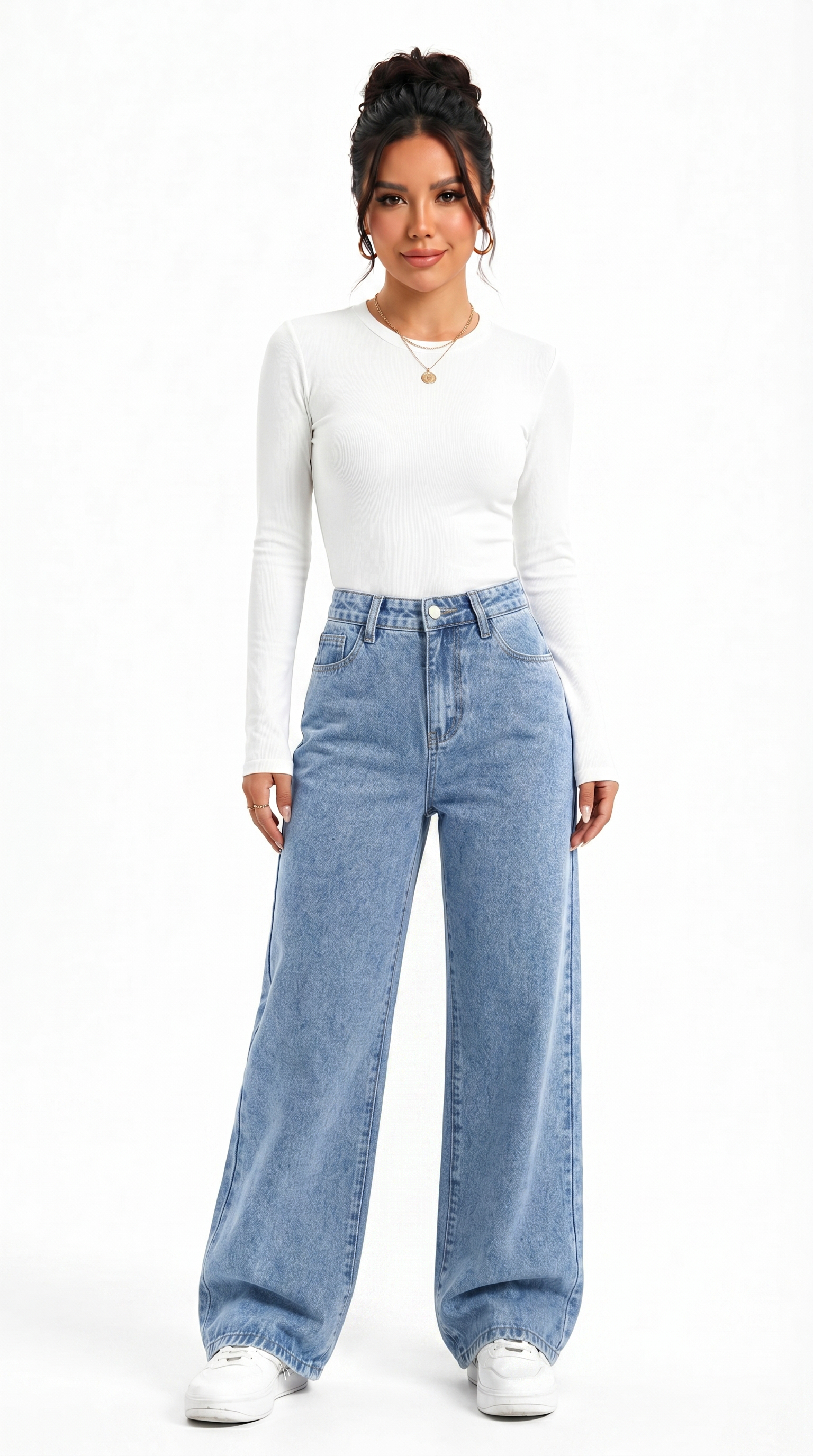Woman wearing a white long-sleeve top and blue wide-leg jeans on a white background, Cotton jeans from Meleche Fashion USA or Meléche (short as (Mé))