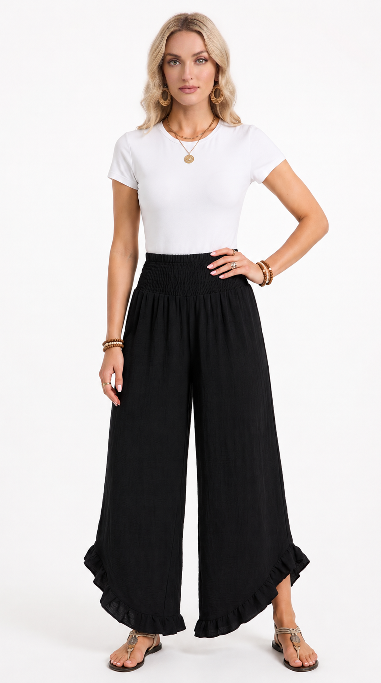 Woman wearing a white top and black wide-leg pants on a white background, from Meleche Fashion USA or Meléche (short as (Mé))