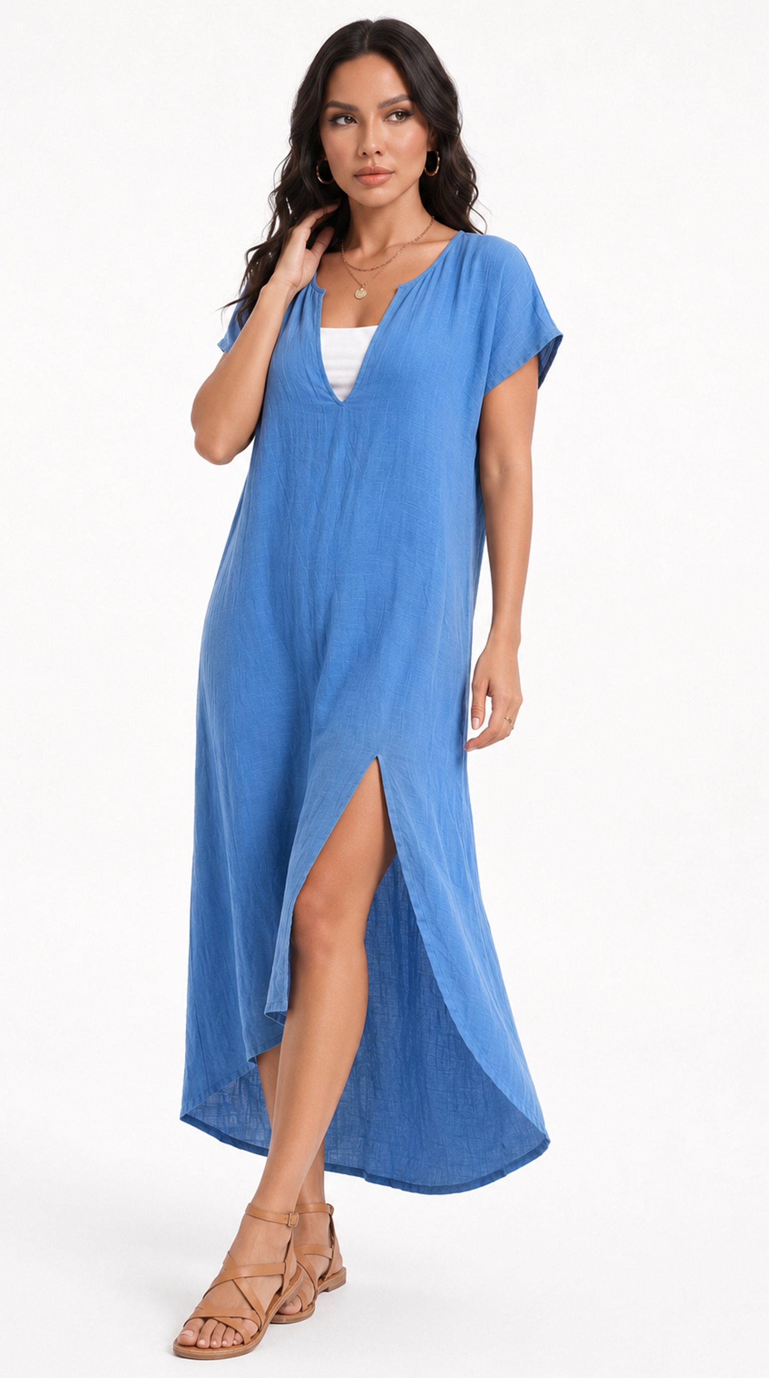 Woman wearing a blue dress with a white background