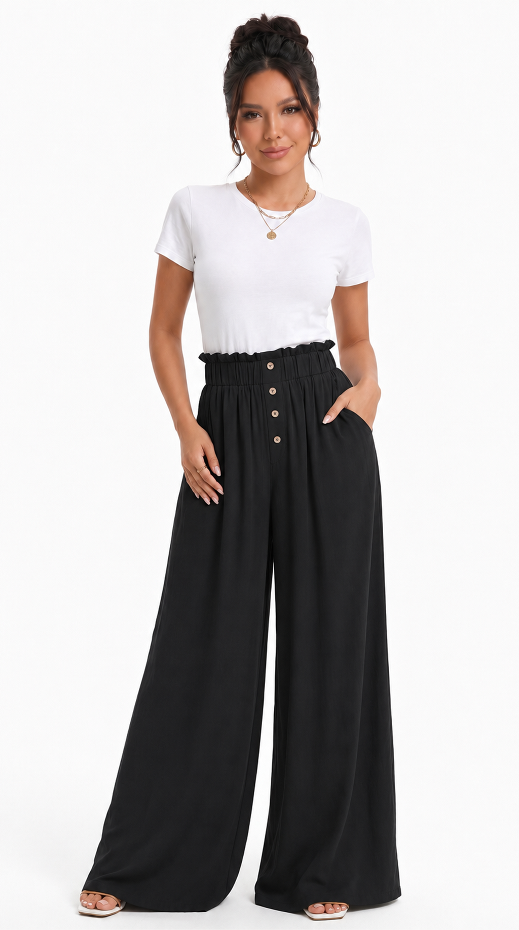 Woman wearing a white top and black wide-leg pants on a white background, sexy loss pants from Meleche Fashion USA or Meléche (short as (Mé))