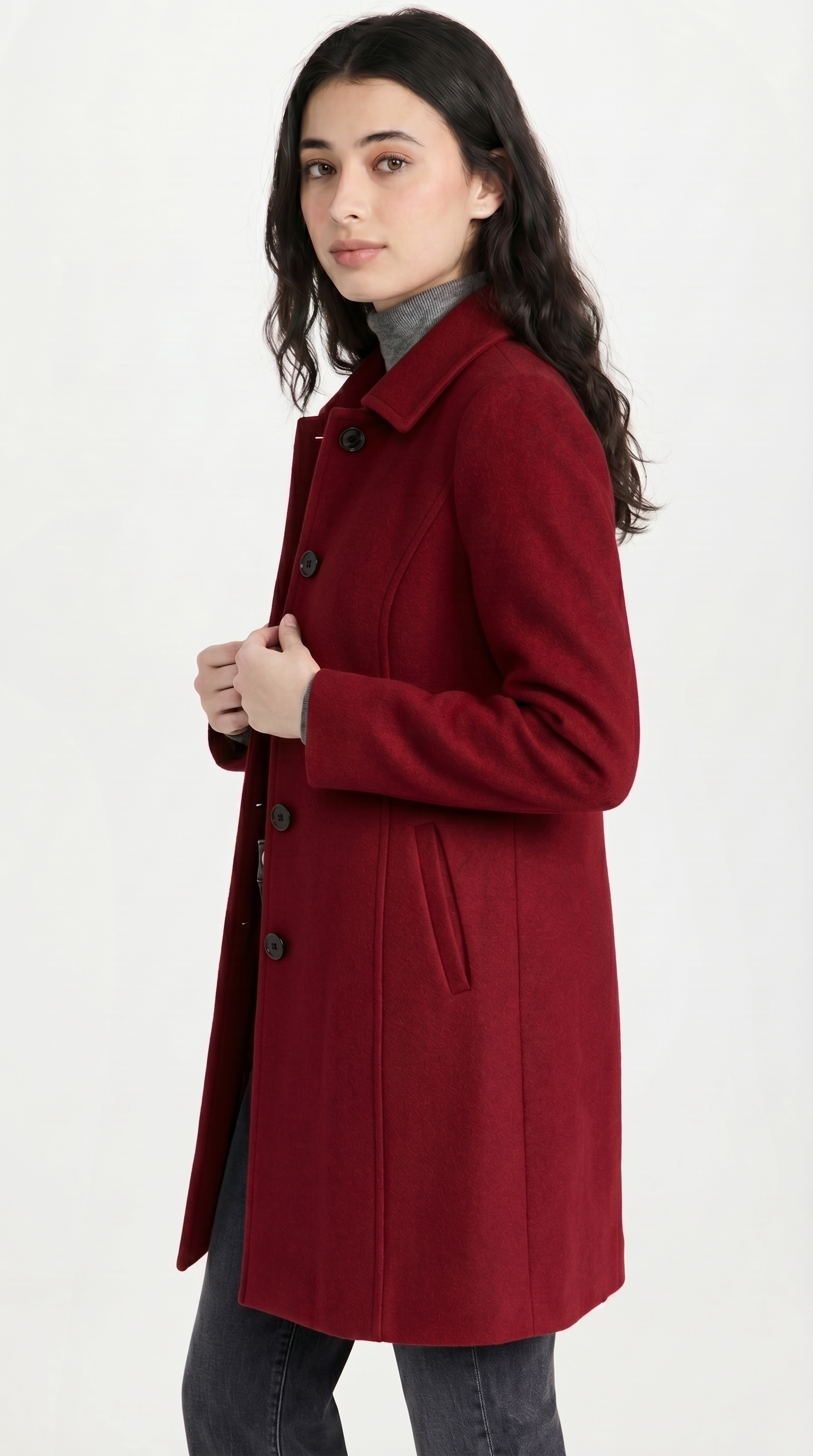 Woman wearing a red coat on a white background from Meleche or Meléche USA (short as (Mé))