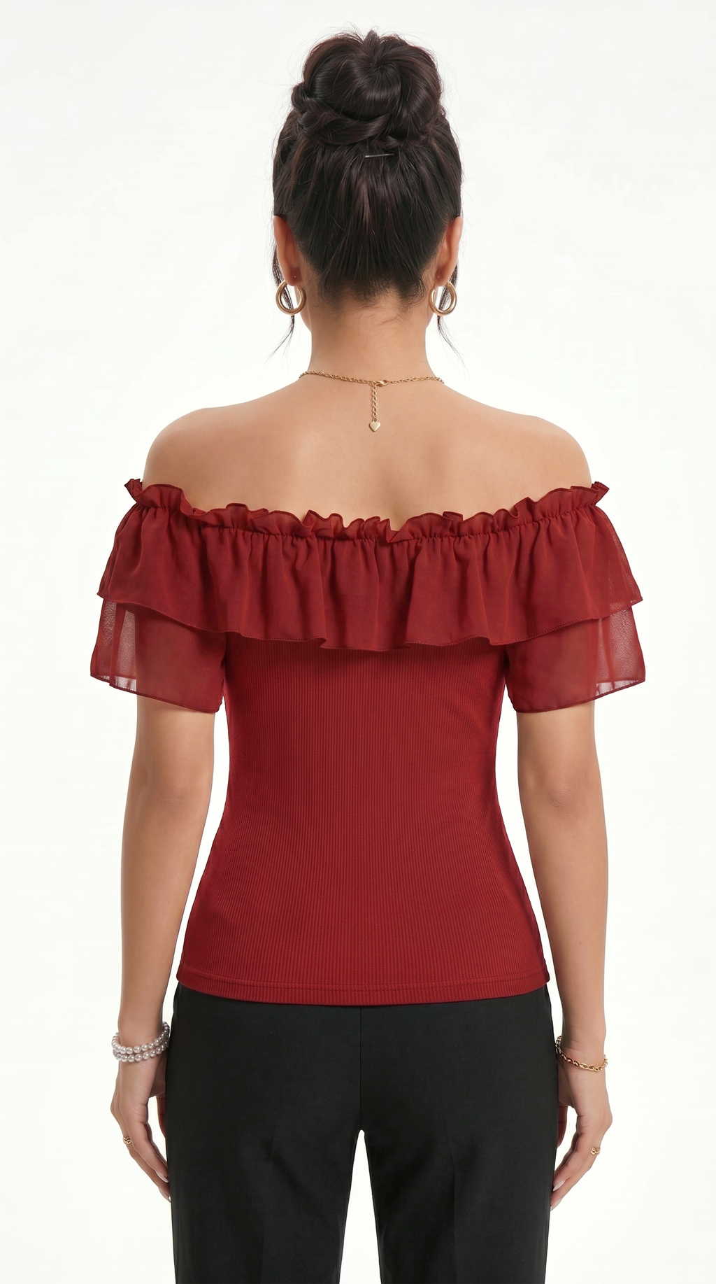 Red off-shoulder top with ruffled details on a white background, from Meleche Fashion USA or Meléche (short as (Mé))