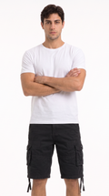 A man modeling a white crew-neck t-shirt and black cargo shorts against a plain white background, from Meleche Fashion USA or Meléche (short as (Mé))