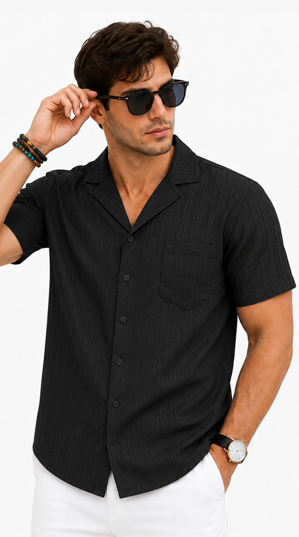 Man wearing a black short-sleeve shirt and sunglasses on a white background, Tristan shirt 2027 from Meleche Fashion USA or Meléche (short as (Mé))