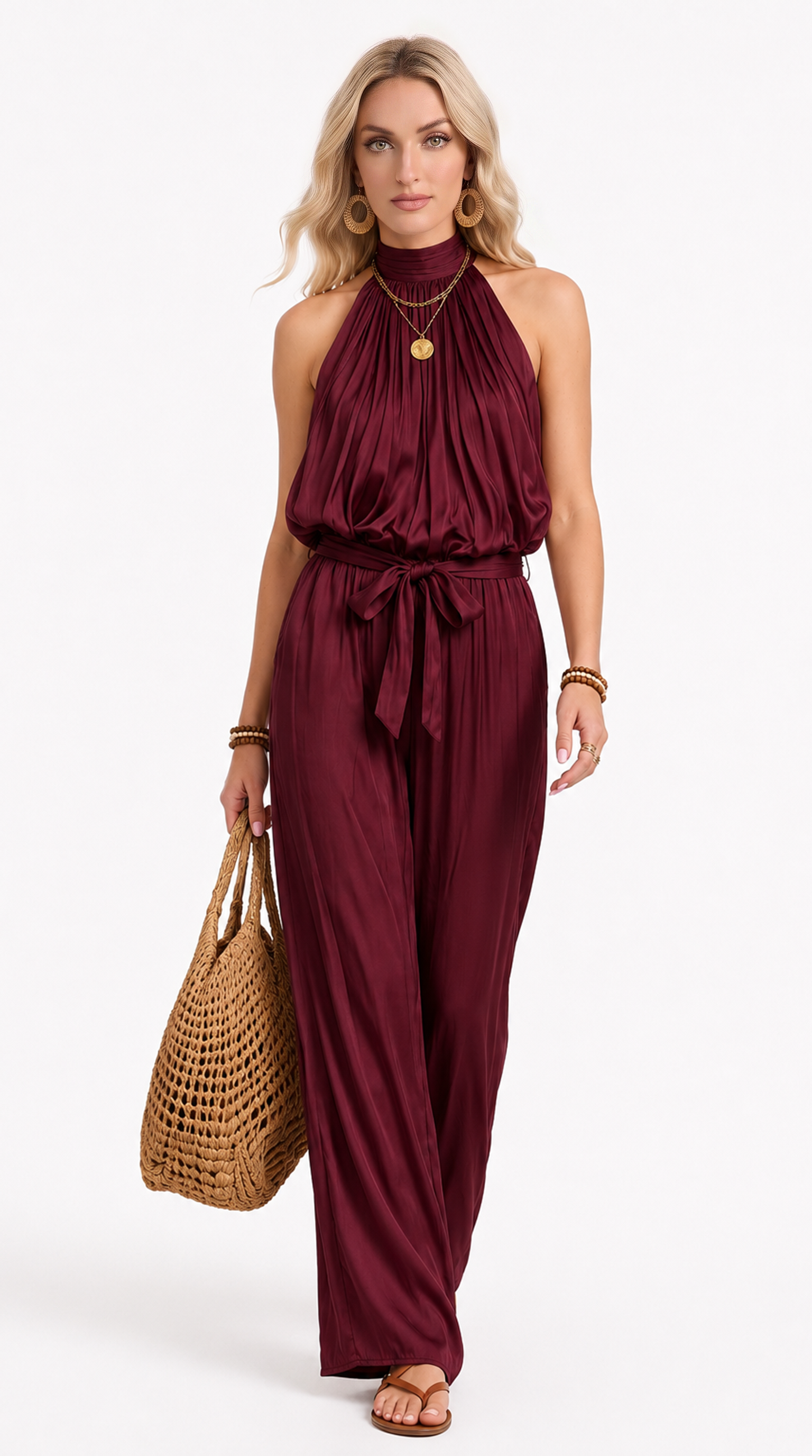 Woman wearing a burgundy jumpsuit holding a woven bag on a white background, from Meleche Fashion USA or Meléche (short as (Mé))