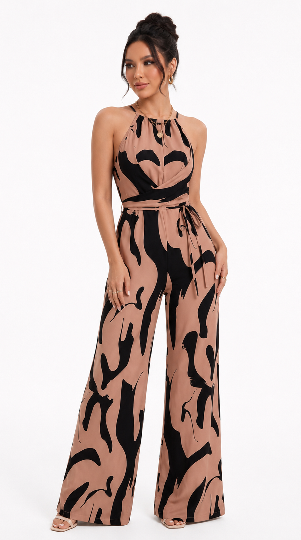 Woman wearing a beige and black patterned jumpsuit on a white background, from Meleche Fashion USA or Meléche (short as (Mé))