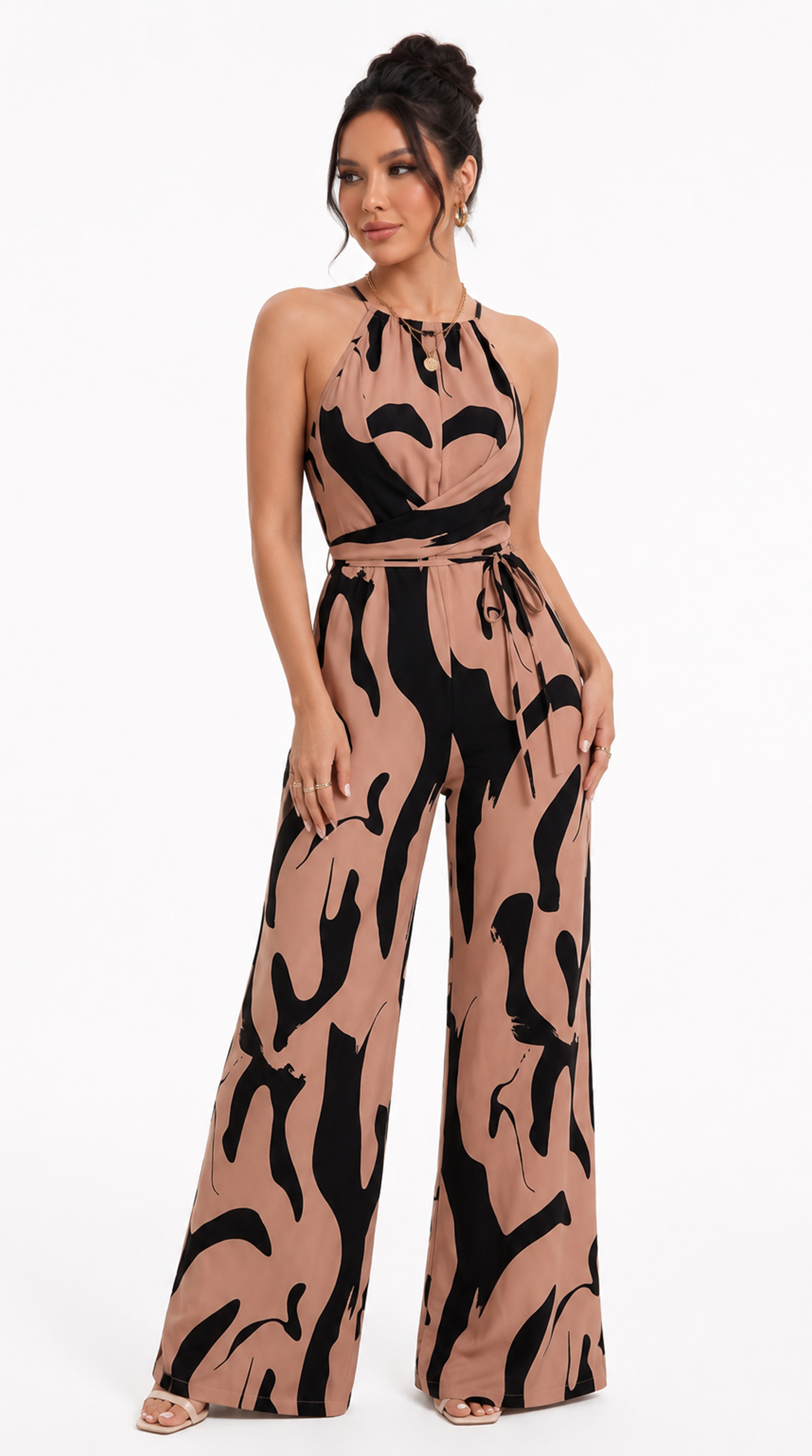 Woman wearing a beige and black patterned jumpsuit on a white background, from Meleche Fashion USA or Meléche (short as (Mé))