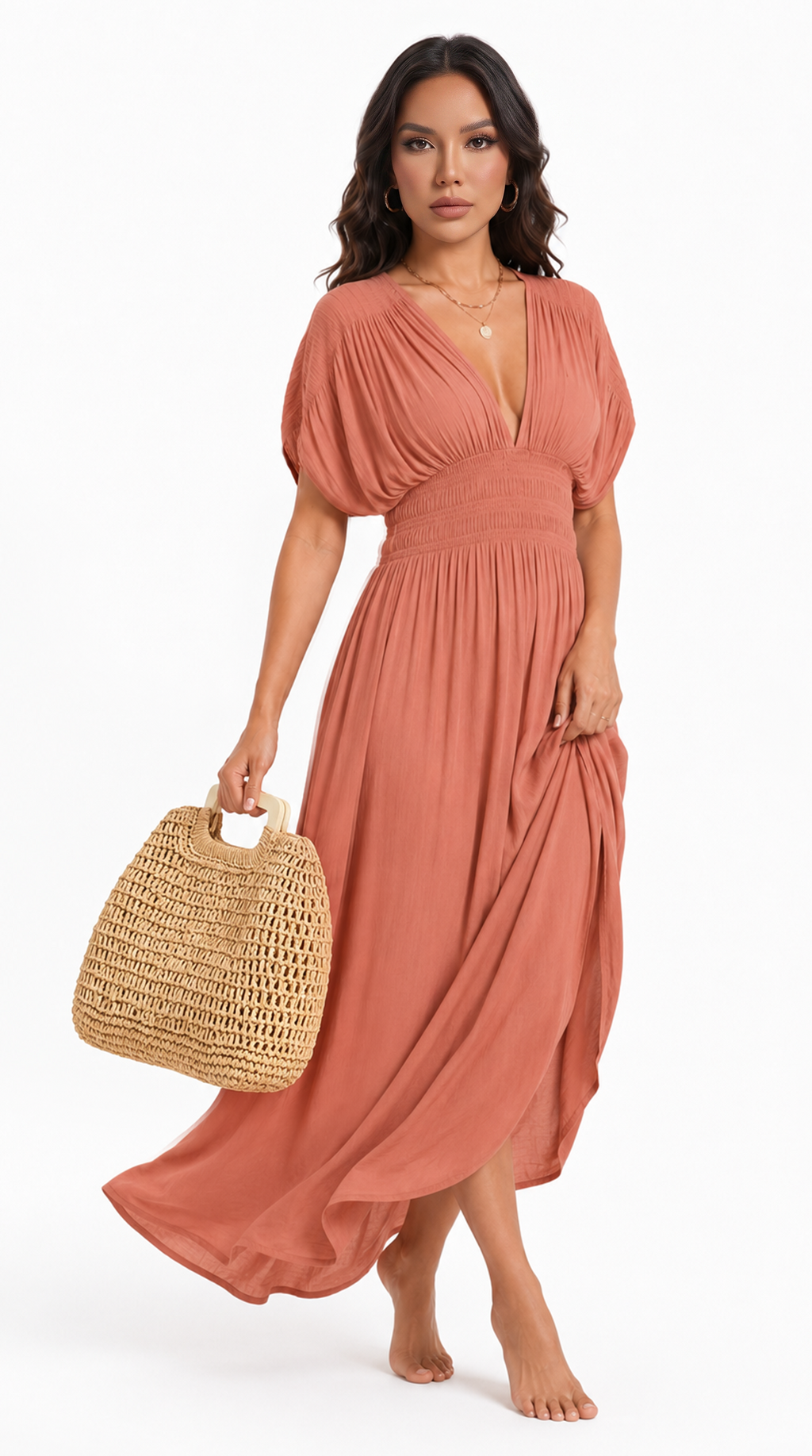 A woman modeling a flowing terracotta maxi dress with a deep V-neckline, short puff sleeves, and a gathered waist, holding a woven straw tote bag against a plain white background, from Meleche Fashion USA or Meléche (short as (Mé))
