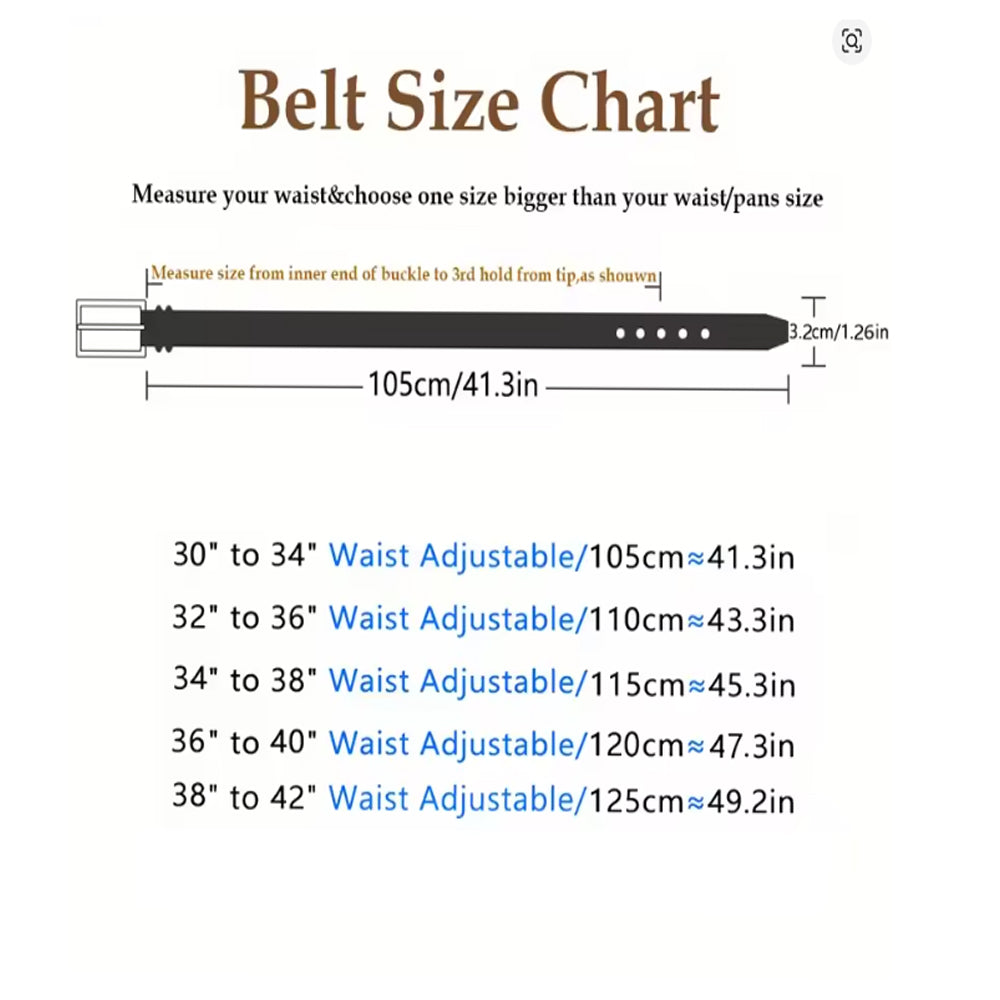 Belt size chart with measurements and adjustable waist range from Meleche or Meléche (short as (Mé))
