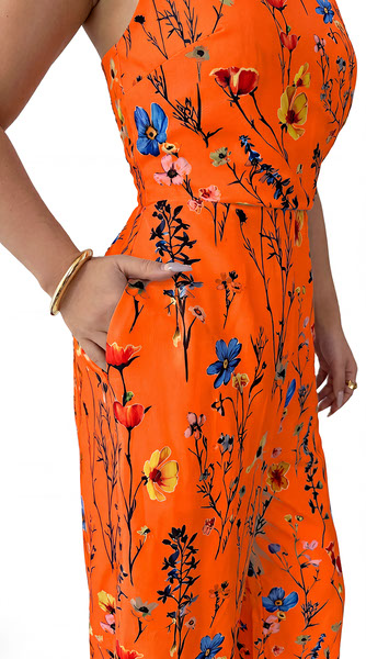 Orange Jumper with floral pattern worn by a sexy girl, from Meleche Fashion USA or Meléche (short as (Mé))