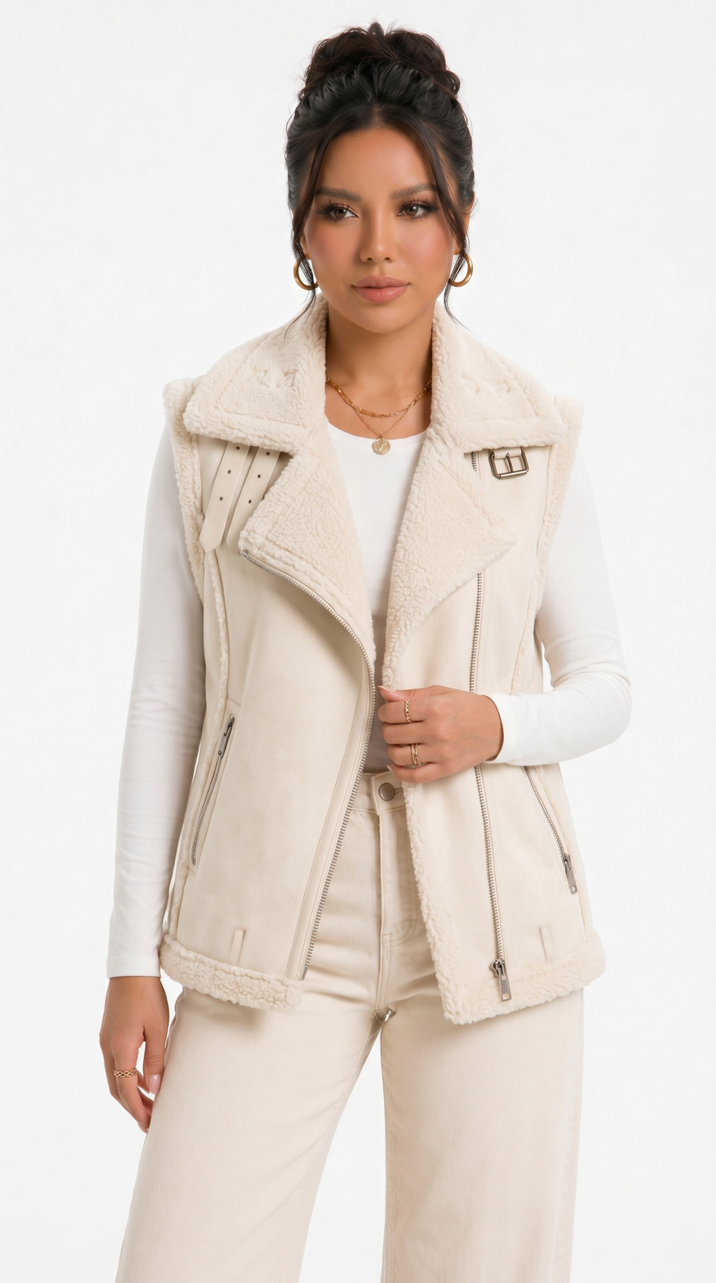 girl wearing a beige vest with a plain background from Meleche Fashion USA or Meléche (short as (Mé))