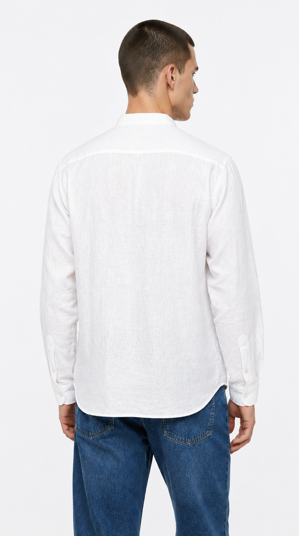 Man wearing a white long-sleeve shirt and blue jeans on a white background, from Meleche Fashion USA or Meléche (short as (Mé))