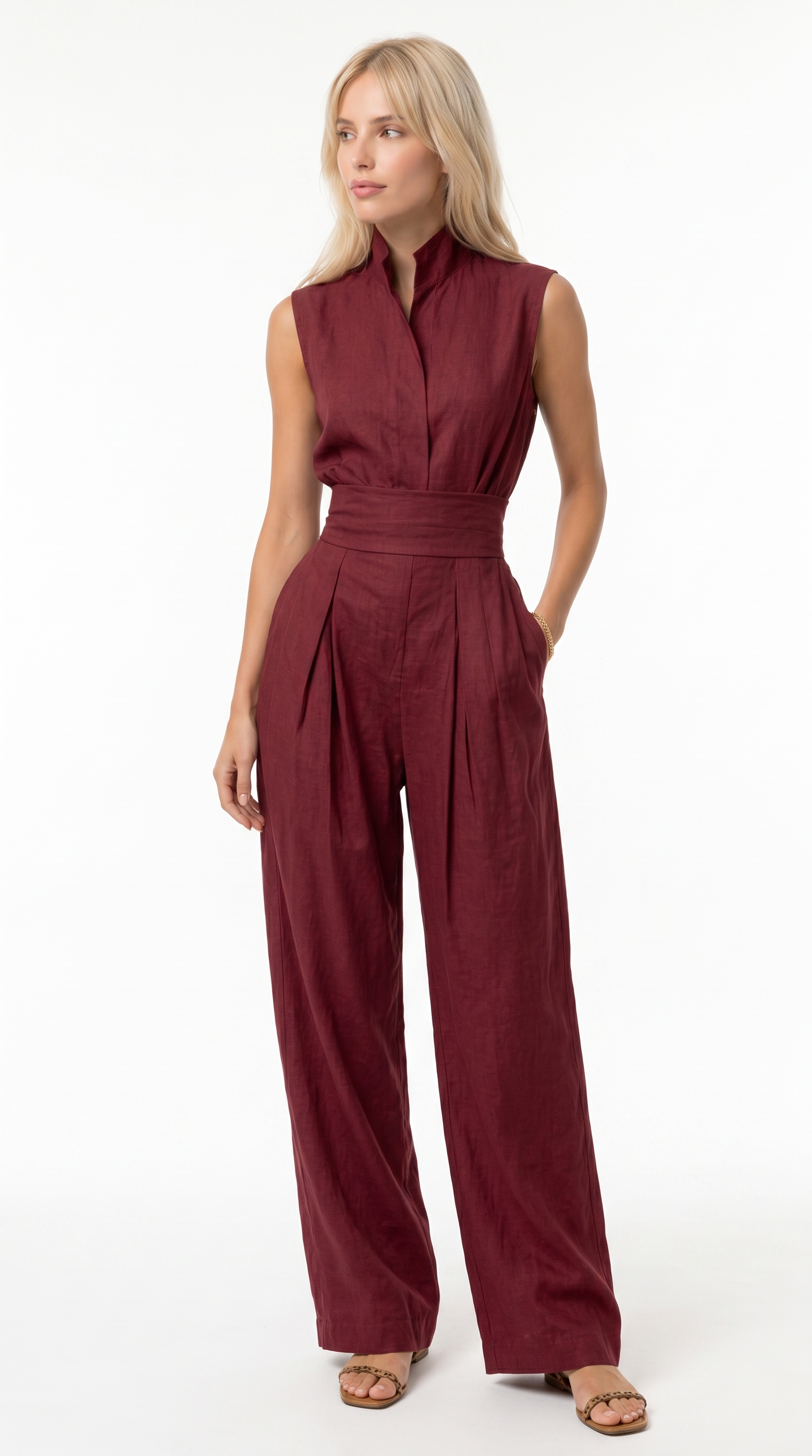 A woman modeling a sleeveless burgundy jumpsuit with a high collar, defined waist, and wide-leg pants against a plain white studio background, from Meleche Fashion USA or Meléche (short as (Mé))