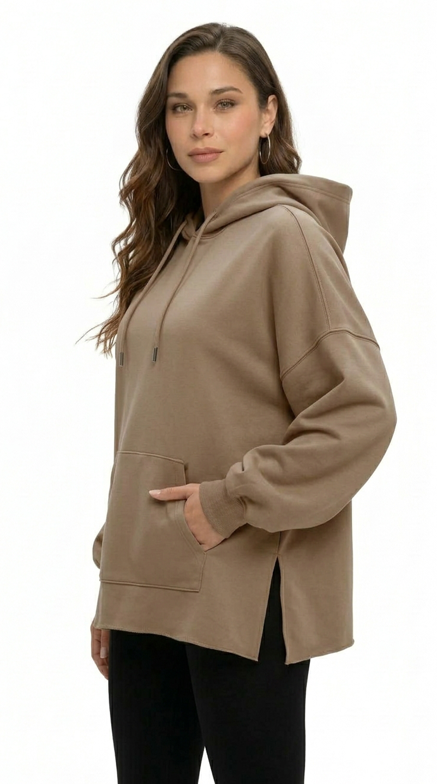 Woman wearing a beige hoodie from Meleche or Meléche (short as (Mé))