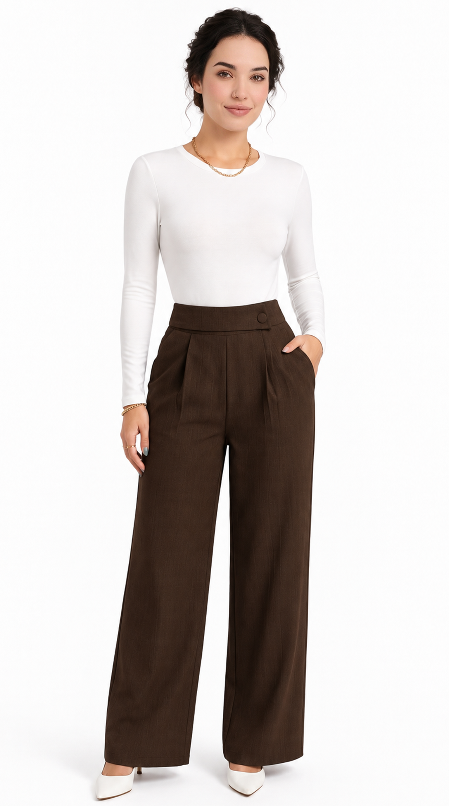 Woman wearing brown wide-leg pants and a white top on a white background, from Meleche Fashion USA or Meléche (short as (Mé))