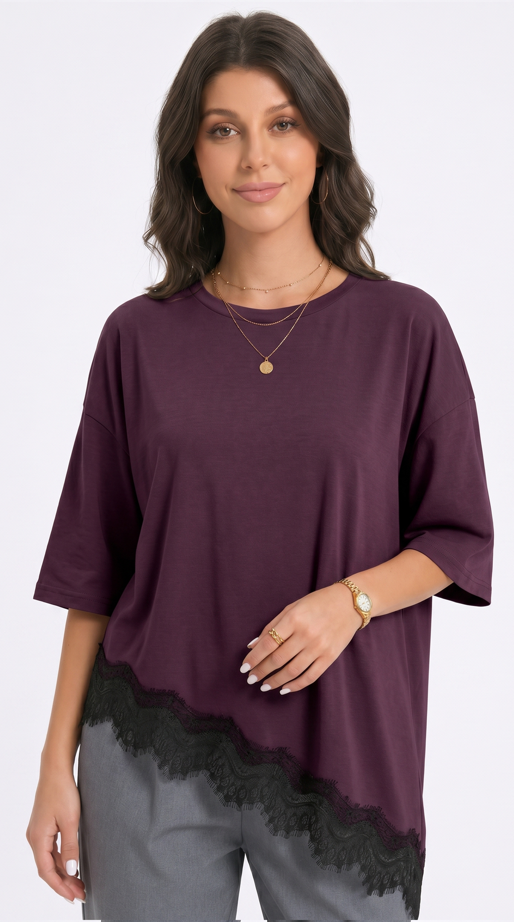 Woman wearing a purple top with black lace trim on a white background, from Meleche Fashion USA or Meléche (short as (Mé))