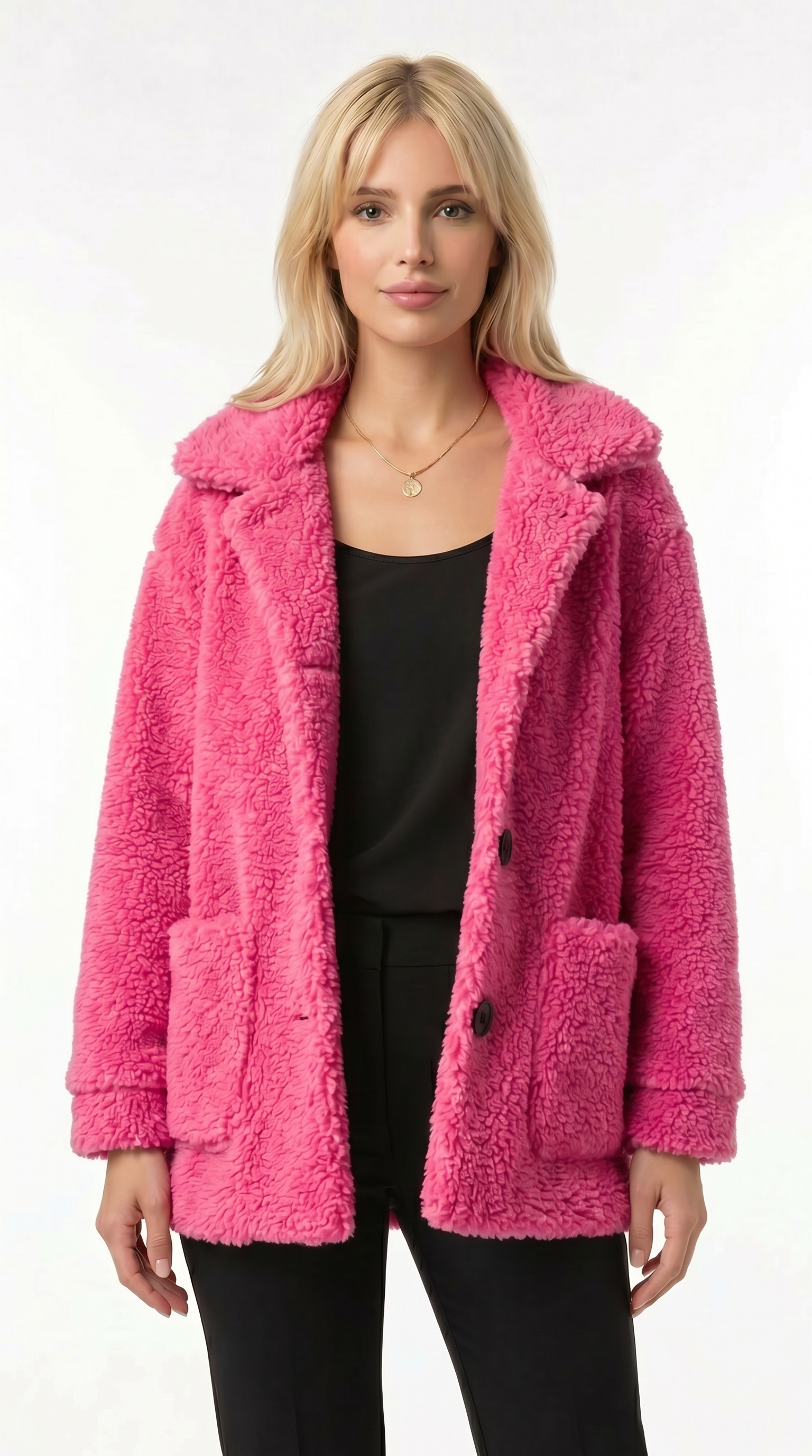 Woman wearing a pink teddy coat on a white background from Meleche Fashion USA or Meléche (short as (Mé))