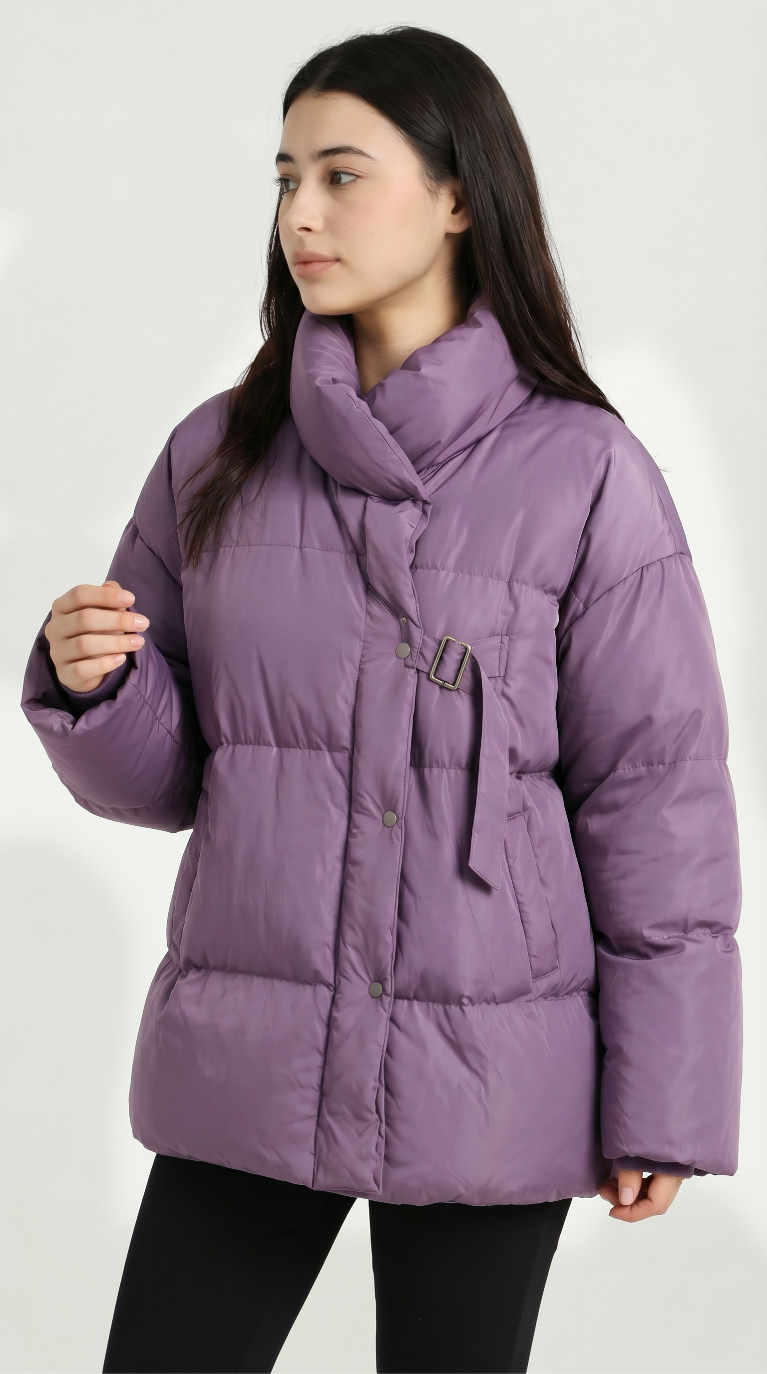 Person wearing a purple puffer jacket on a white background from Meleche or Meléche USA (short as (Mé))