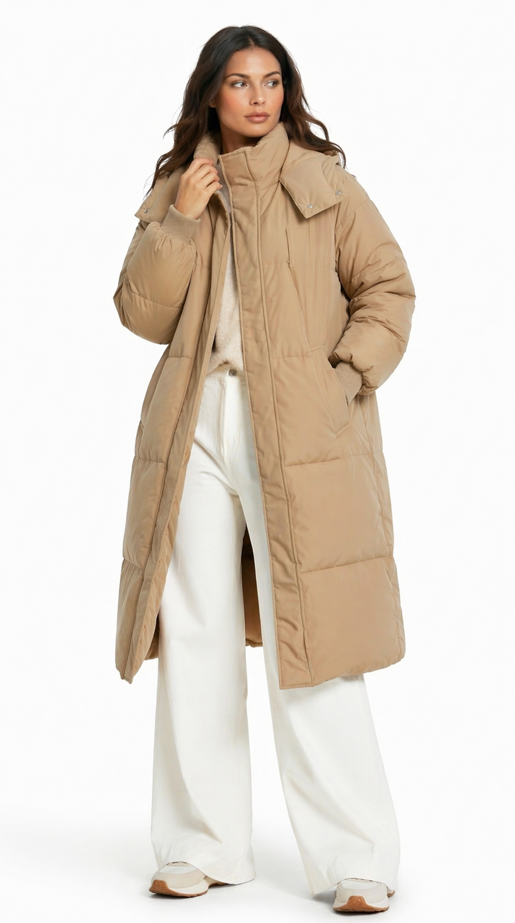 Woman wearing a long beige coat on a white background from Meleche Fashion USA or Meléche (short as (Mé))