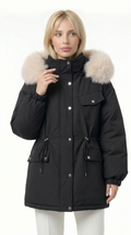 Woman wearing a black parka with fur-lined hood on a white background from Meleche or Meléche USA (short as (Mé))